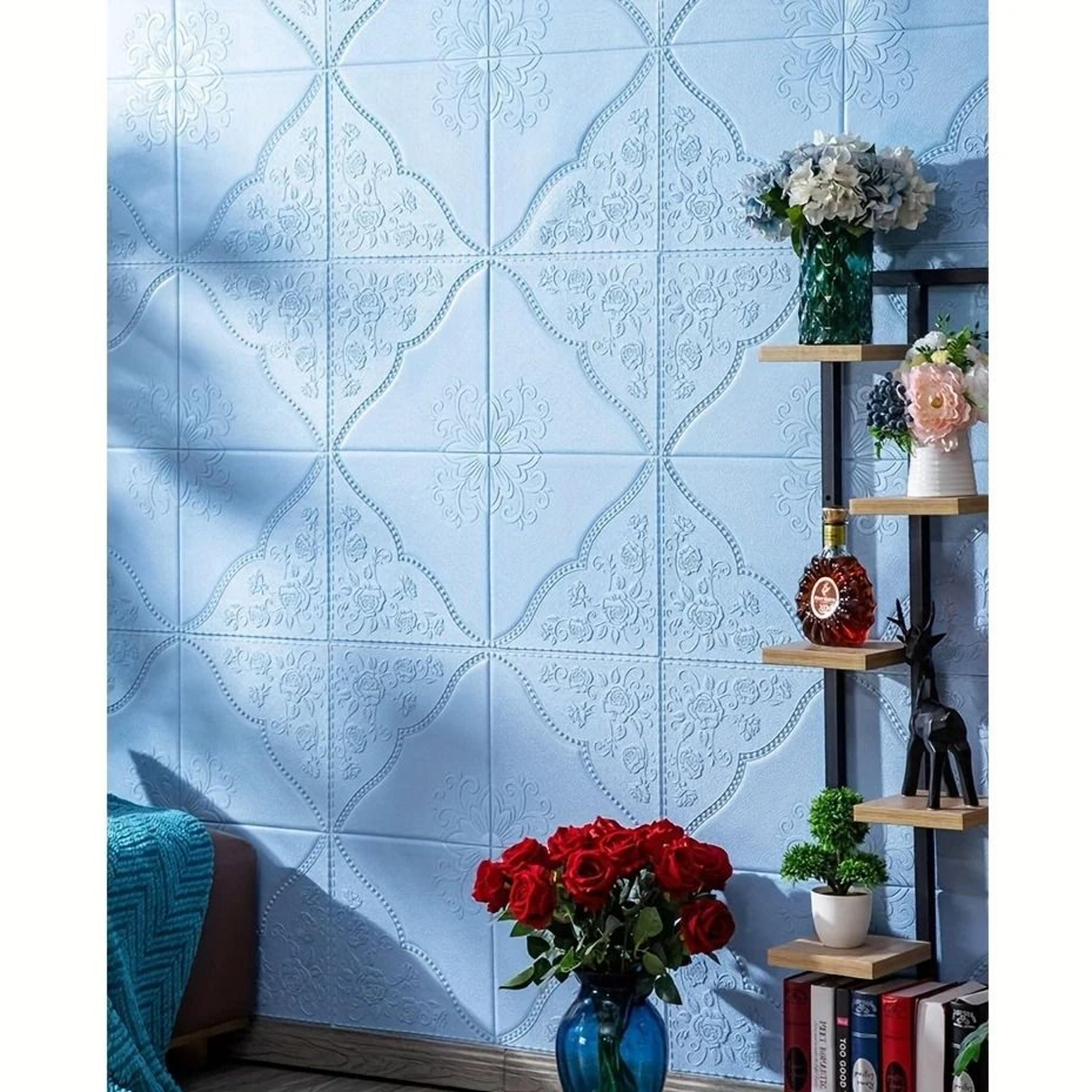 Carving Plum Blossom Pattern Surface Tiles Waterproof Heatproof Self Adhesive 3D Wall Stickers 4