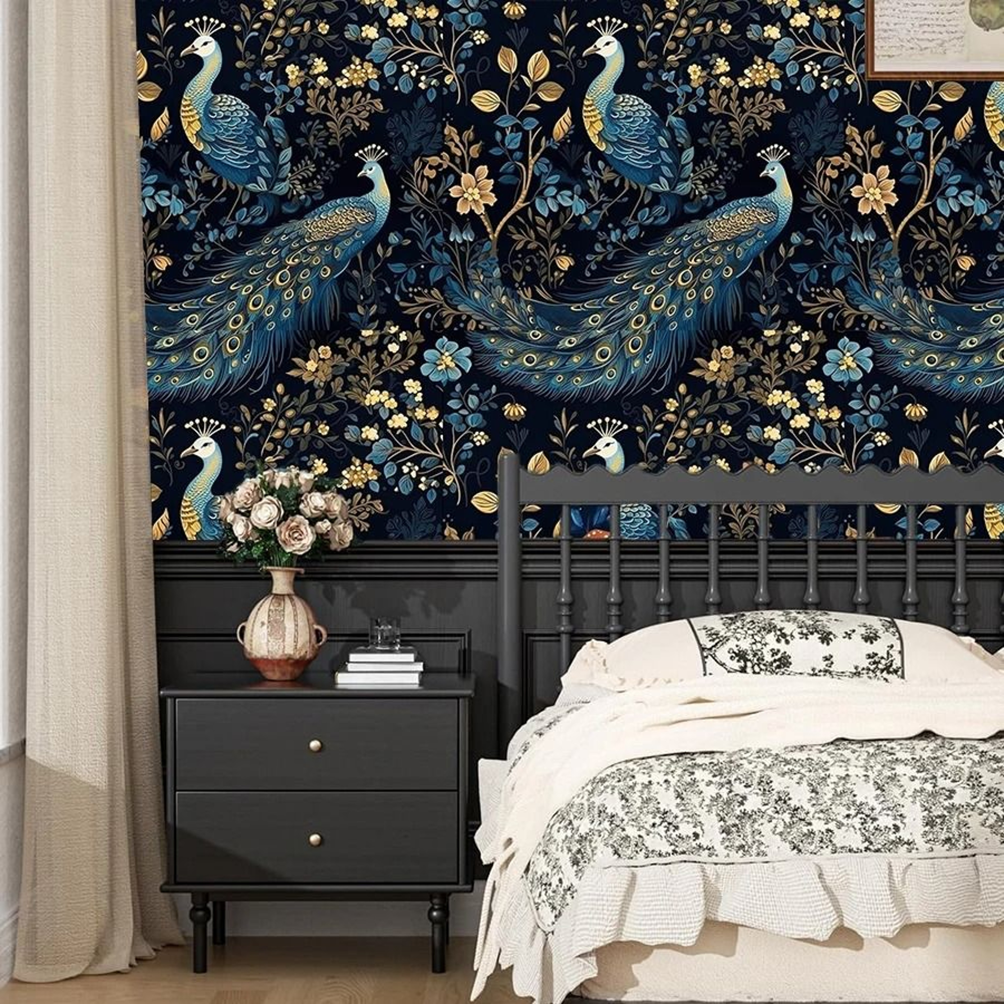 Blue Peacock Flower Pattern Surface Roll Waterproof Self Adhesive Vinyl Wallpaper Cabinet Film 0