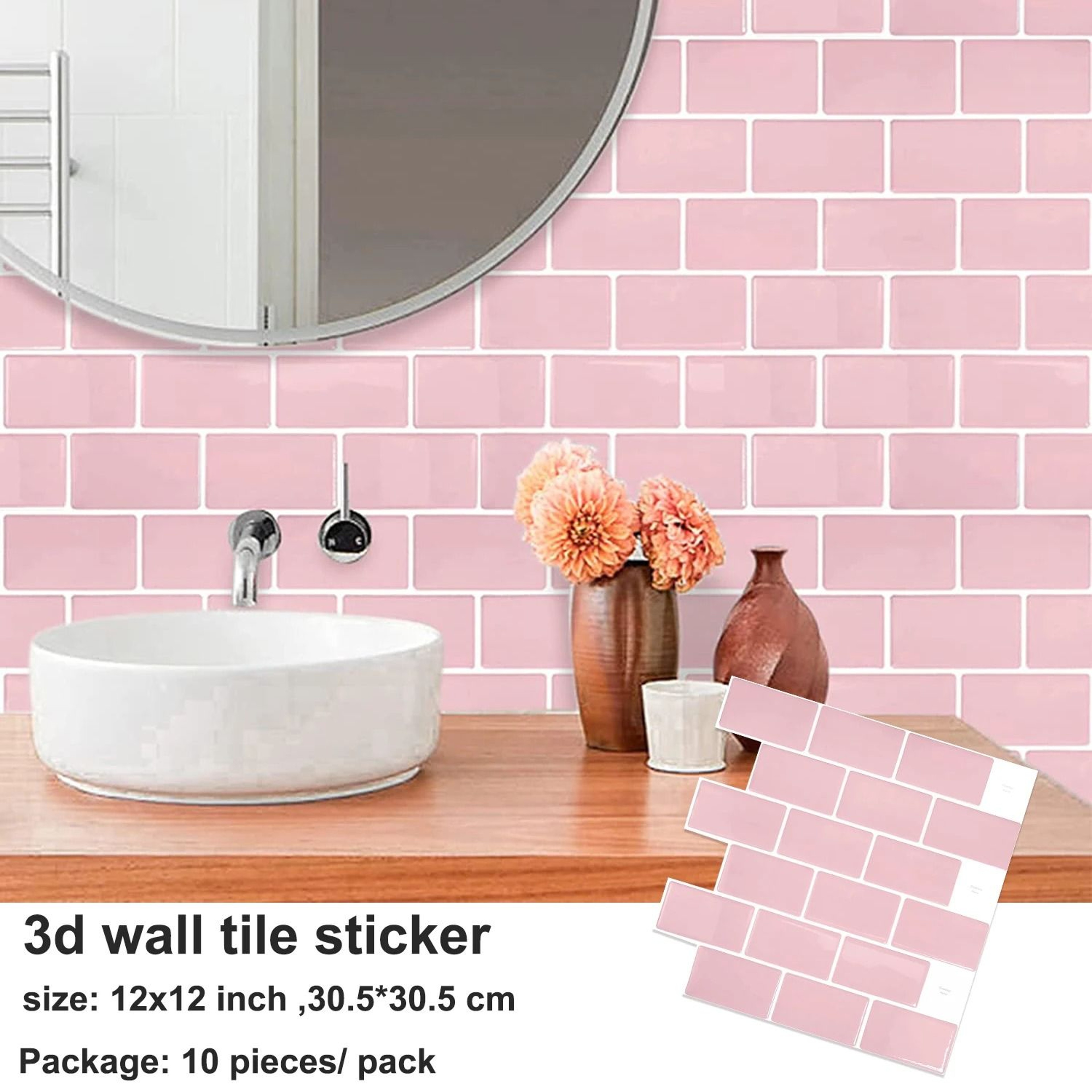 3D Pink Brick Pattern Wall Stickers Waterproof Peel Stick Tile Backsplash 10 Sheet Pack 0