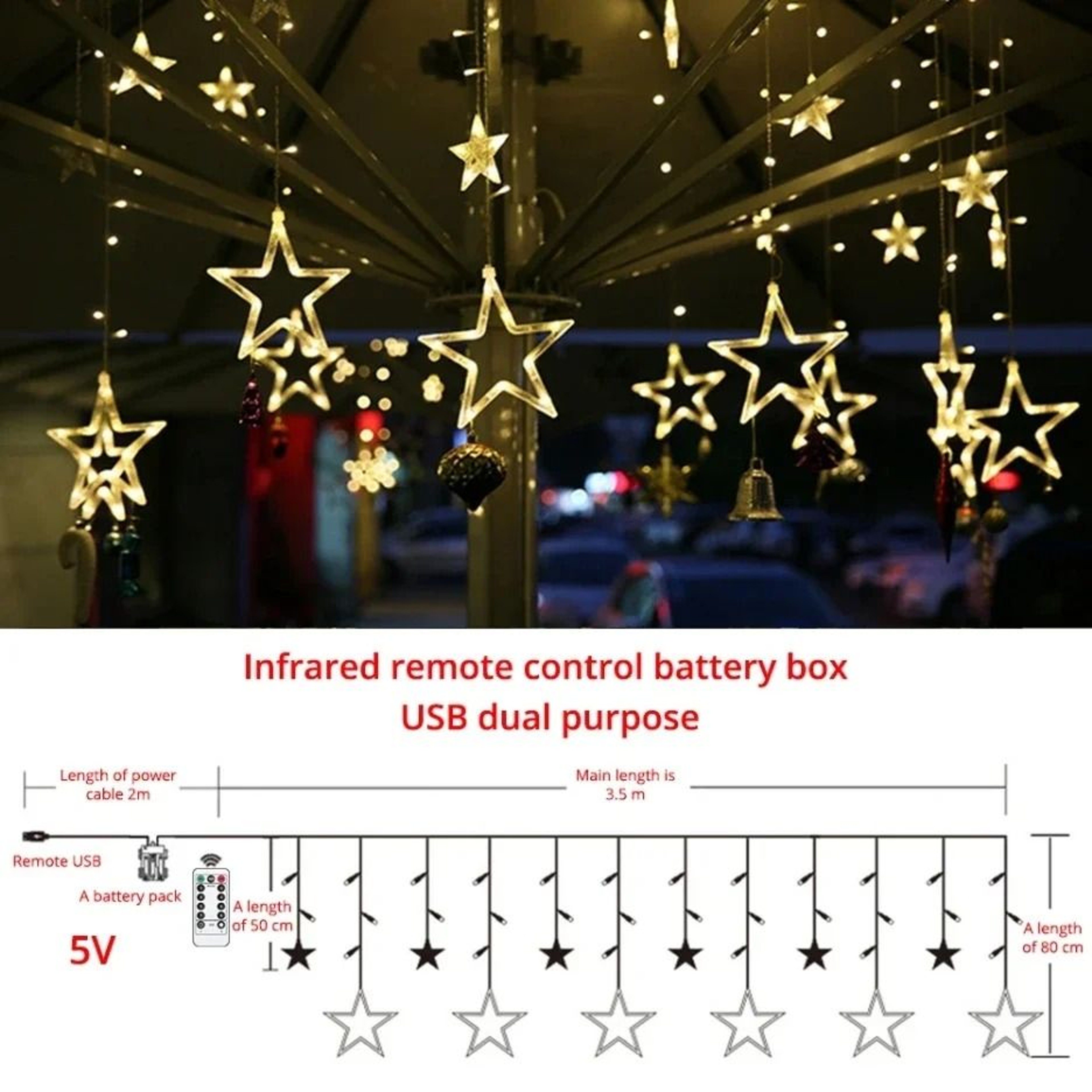 Pentagram Star LED Curtain Light String With Wireless Remote And EndtoEnd Tail Plug 5
