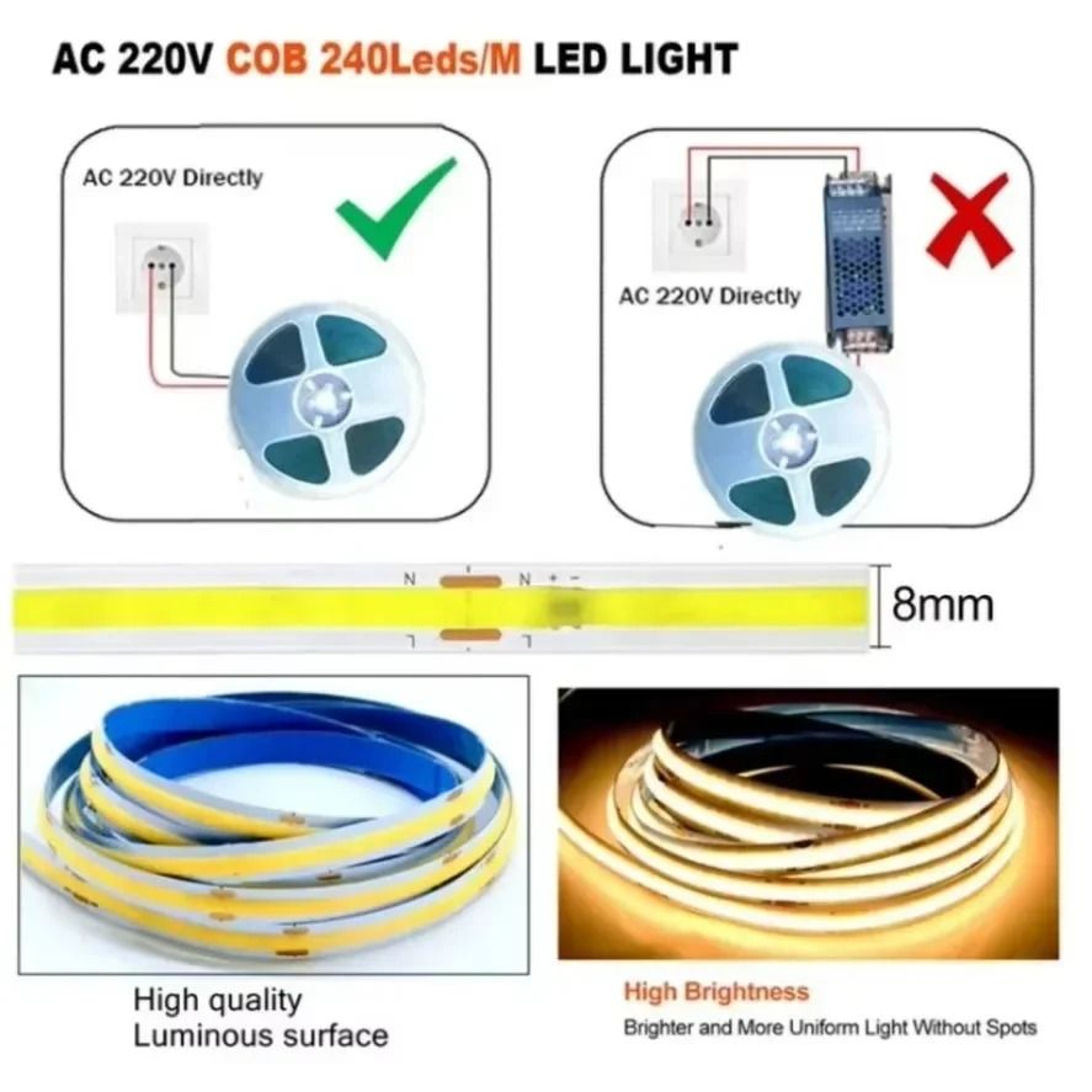 Driverless 220V High Density COB LED Strip Light With Smart IC RA95 Warm White For Linear Accent Li 2