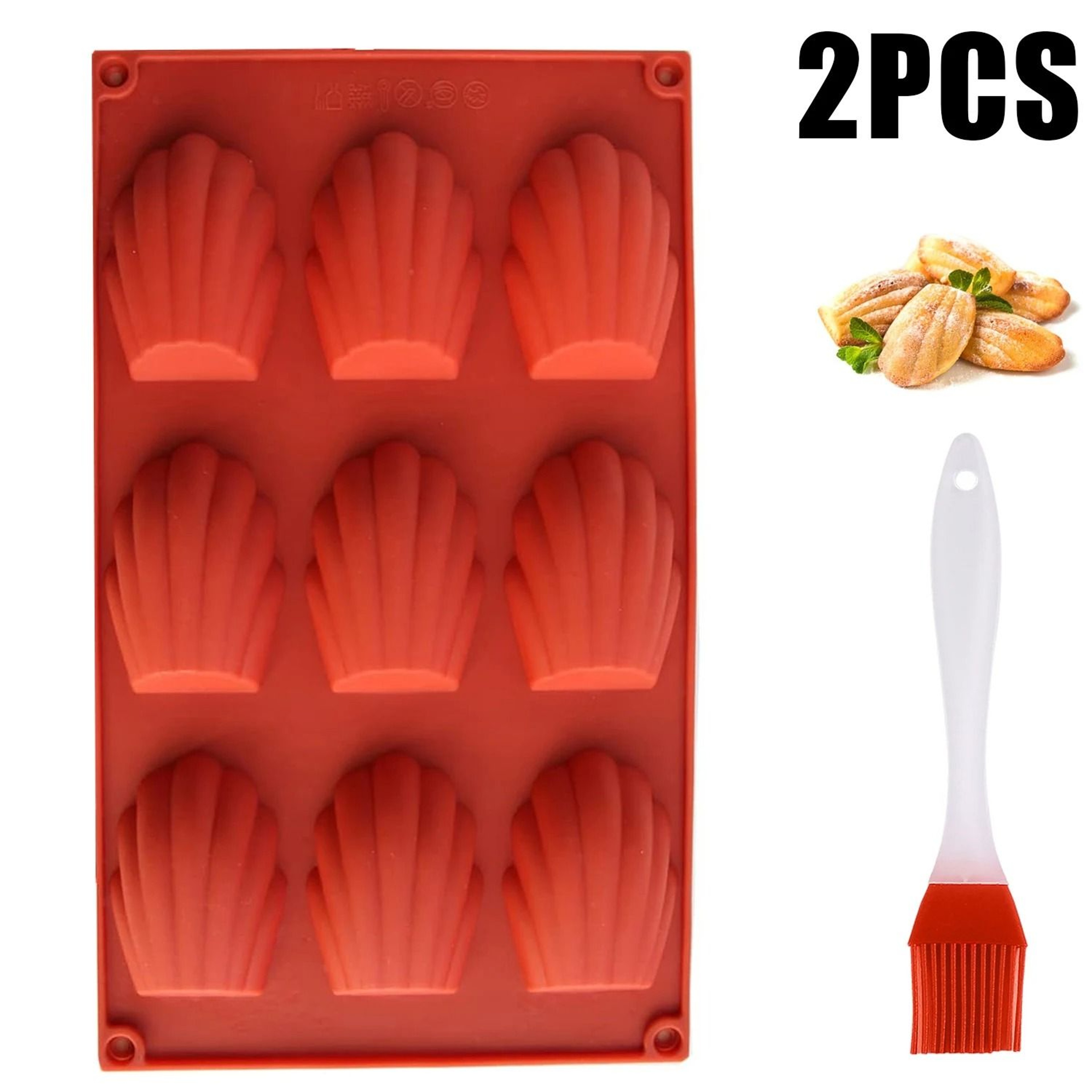 2 Pack Silicone Madeleine Baking Pans Non Stick Shell Shaped Cookie Molds With Brush 0