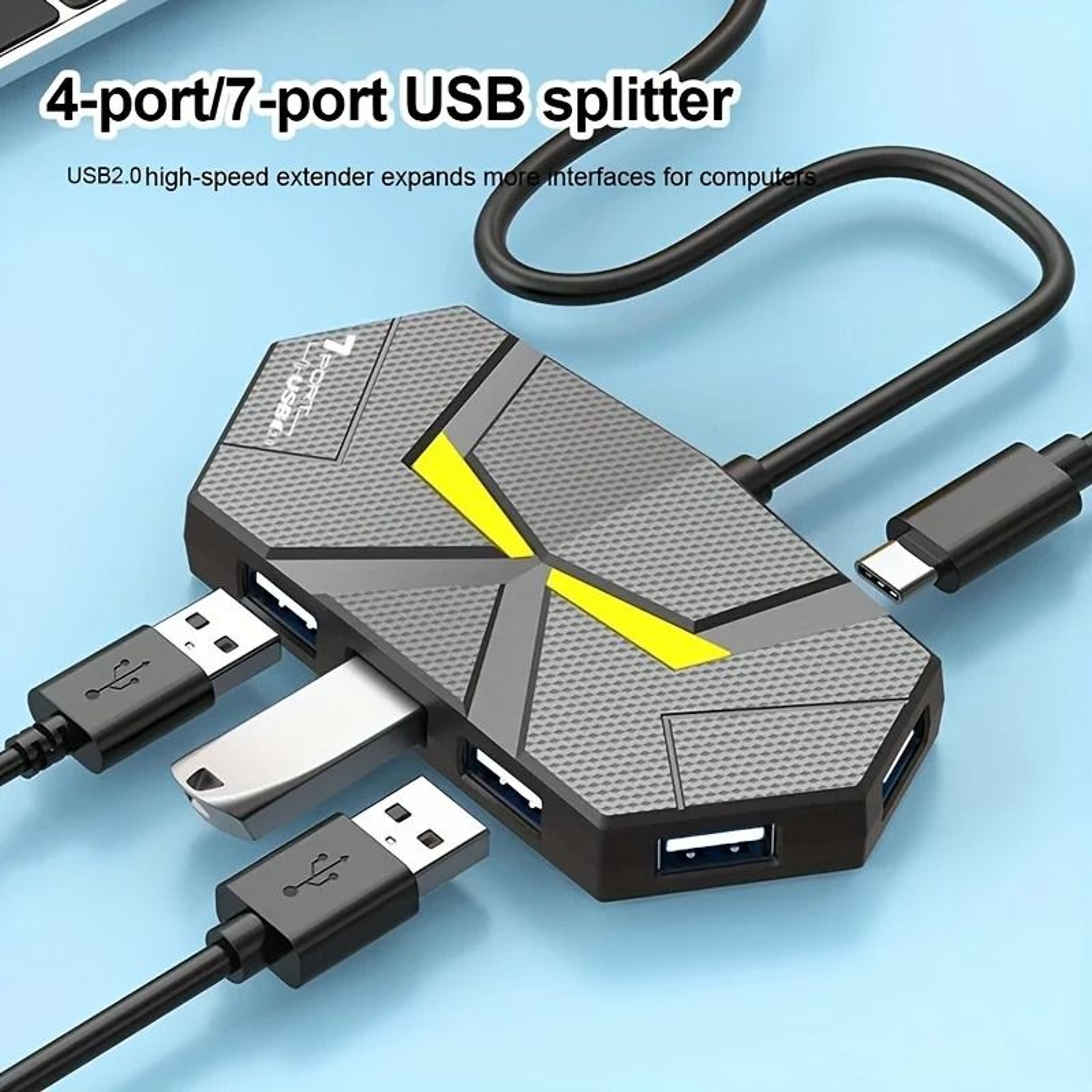 USB Hub Multi Port Splitter With LED Light Stable Type C Adapter Data Transfer 0