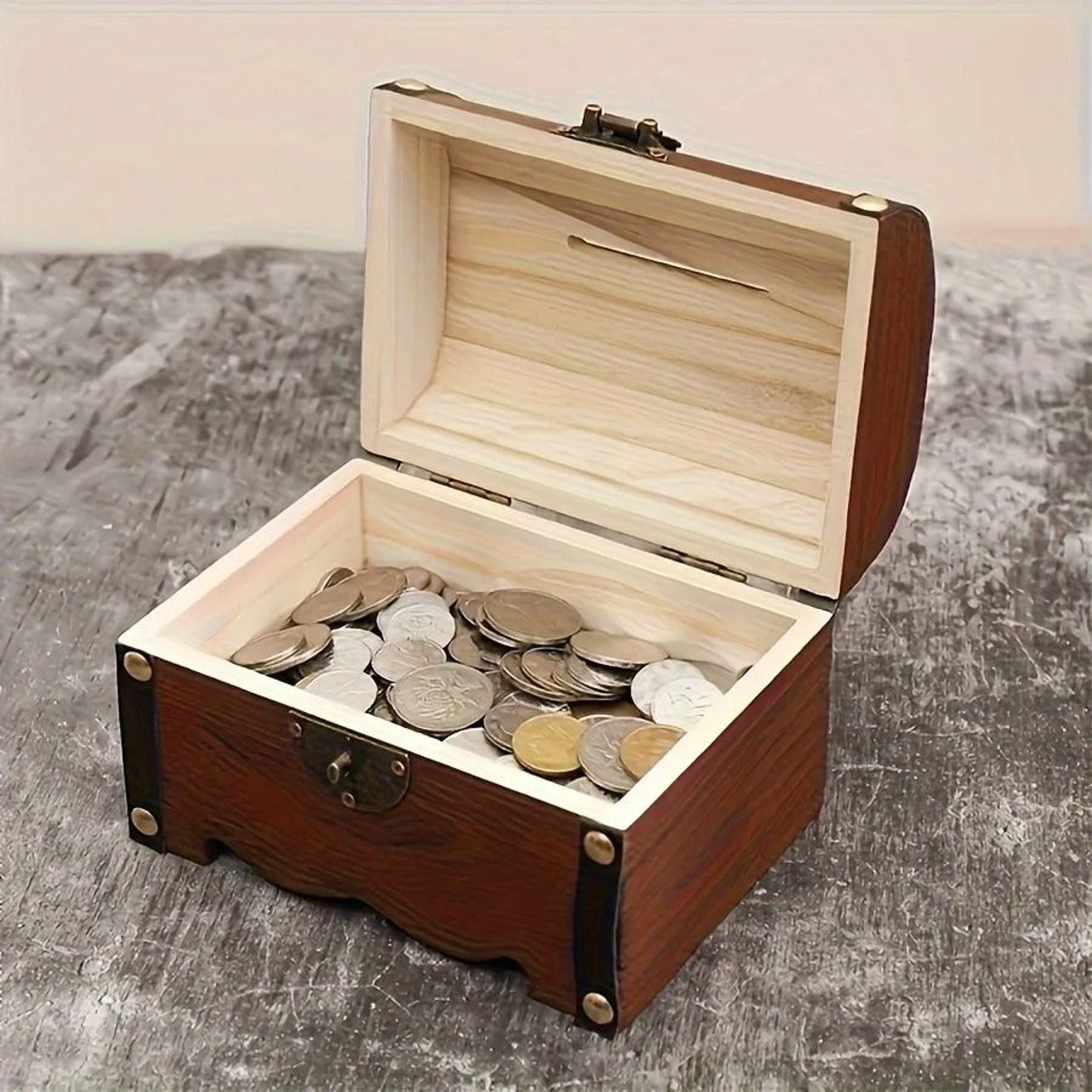Vintage Wooden Treasure Chest Piggy Bank With Lock Decorative Storage Box 4