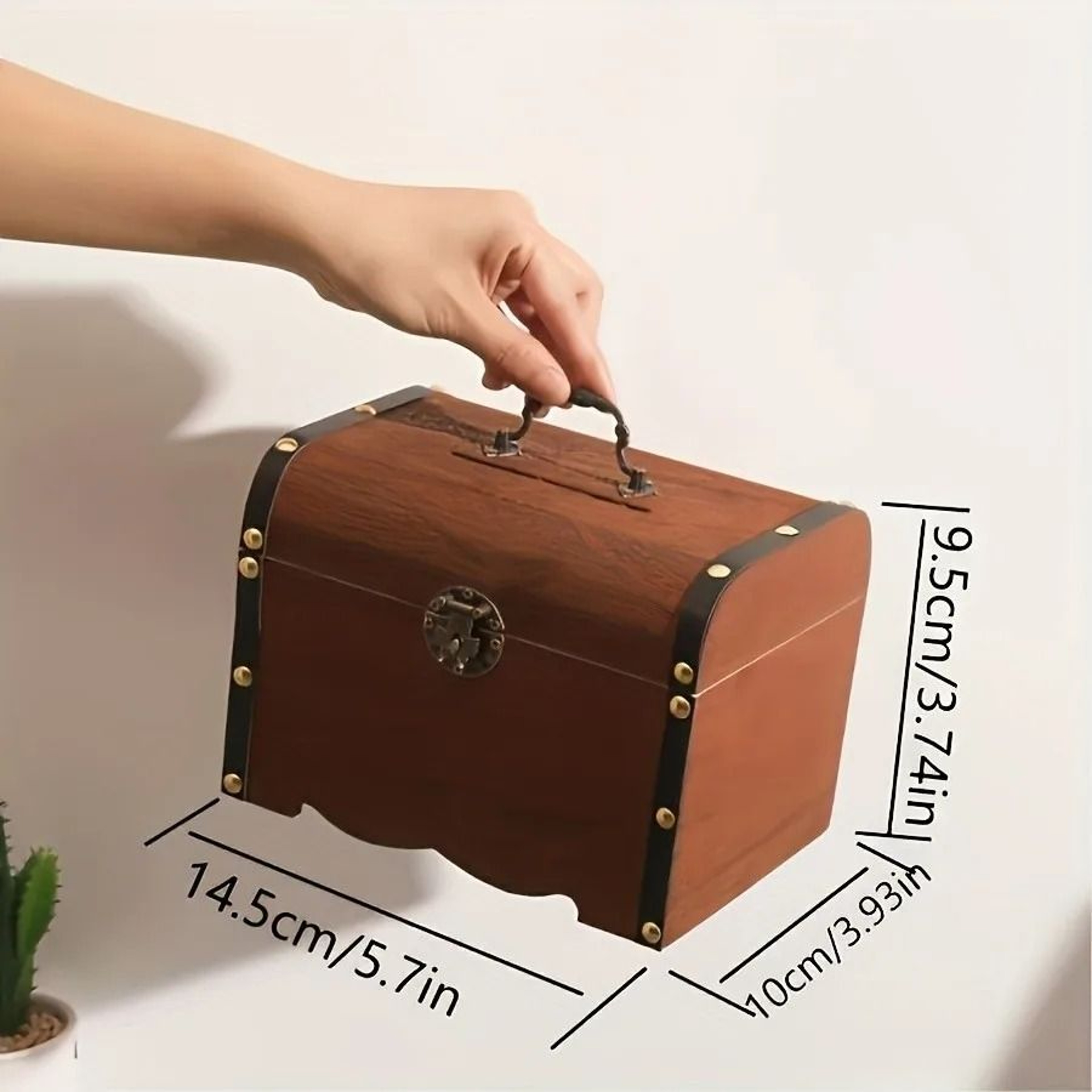 Vintage Wooden Treasure Chest Piggy Bank with Lock Decorative Storage Box – view 7