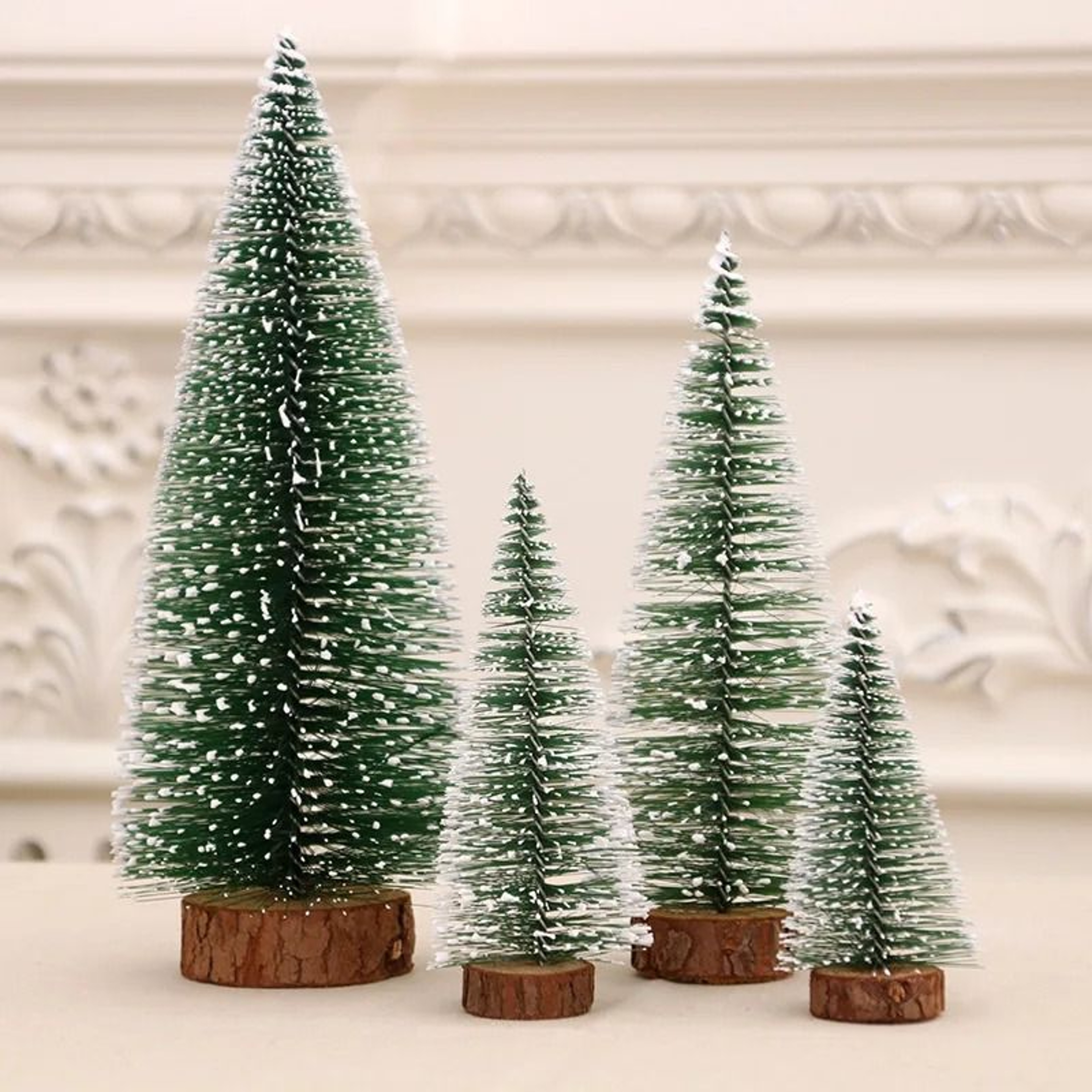 Mini Christmas Tree Pine Needle White Cedar Flocked Desktop Wooden Base Ornament 4