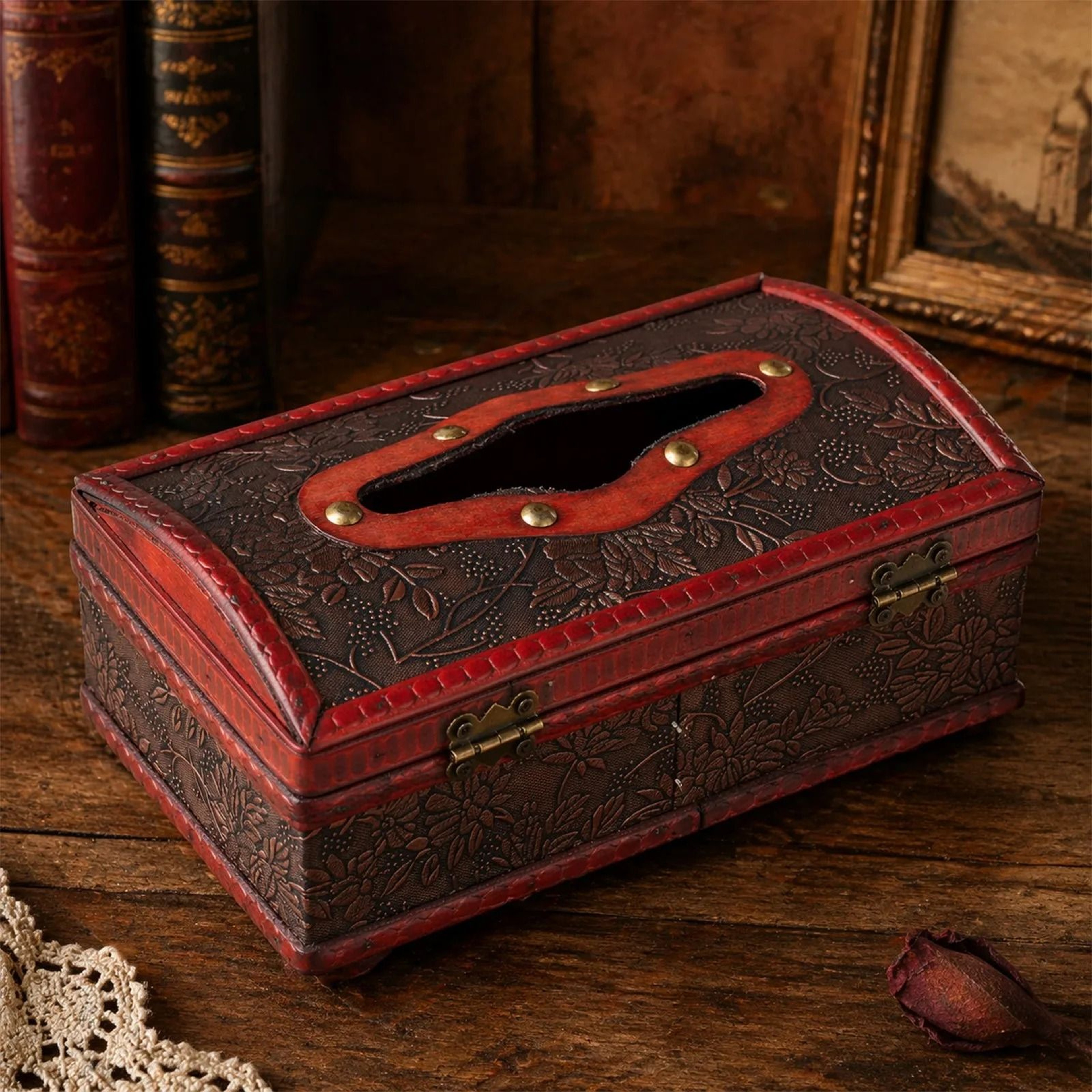 Vintage Elegant Wooden Tissue Box Cover Retro Floral Embossed Leather Holder 1