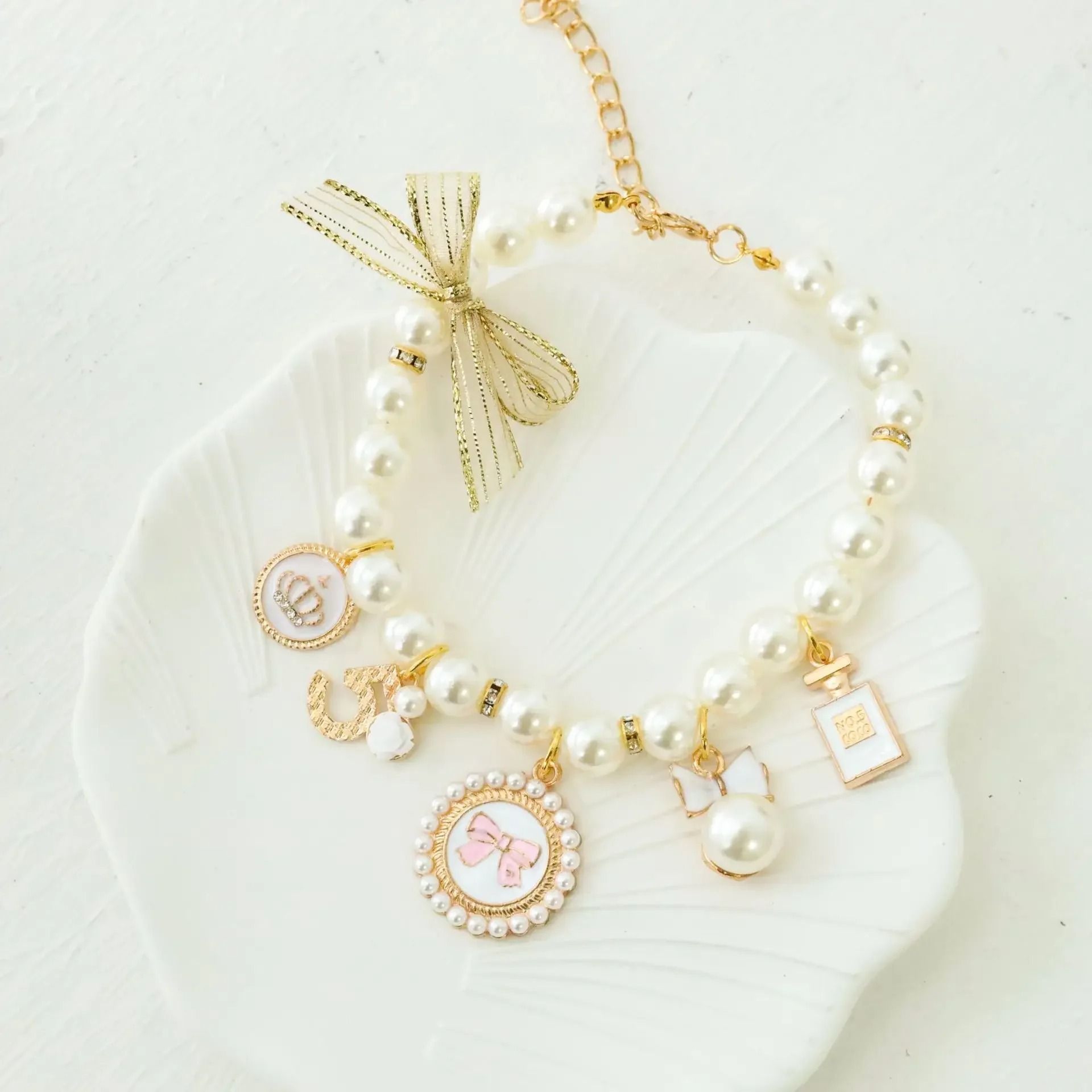 Pet Bow Pearl Collar Rhinestone Princess Pendant Necklace For Small Dogs Cats 8