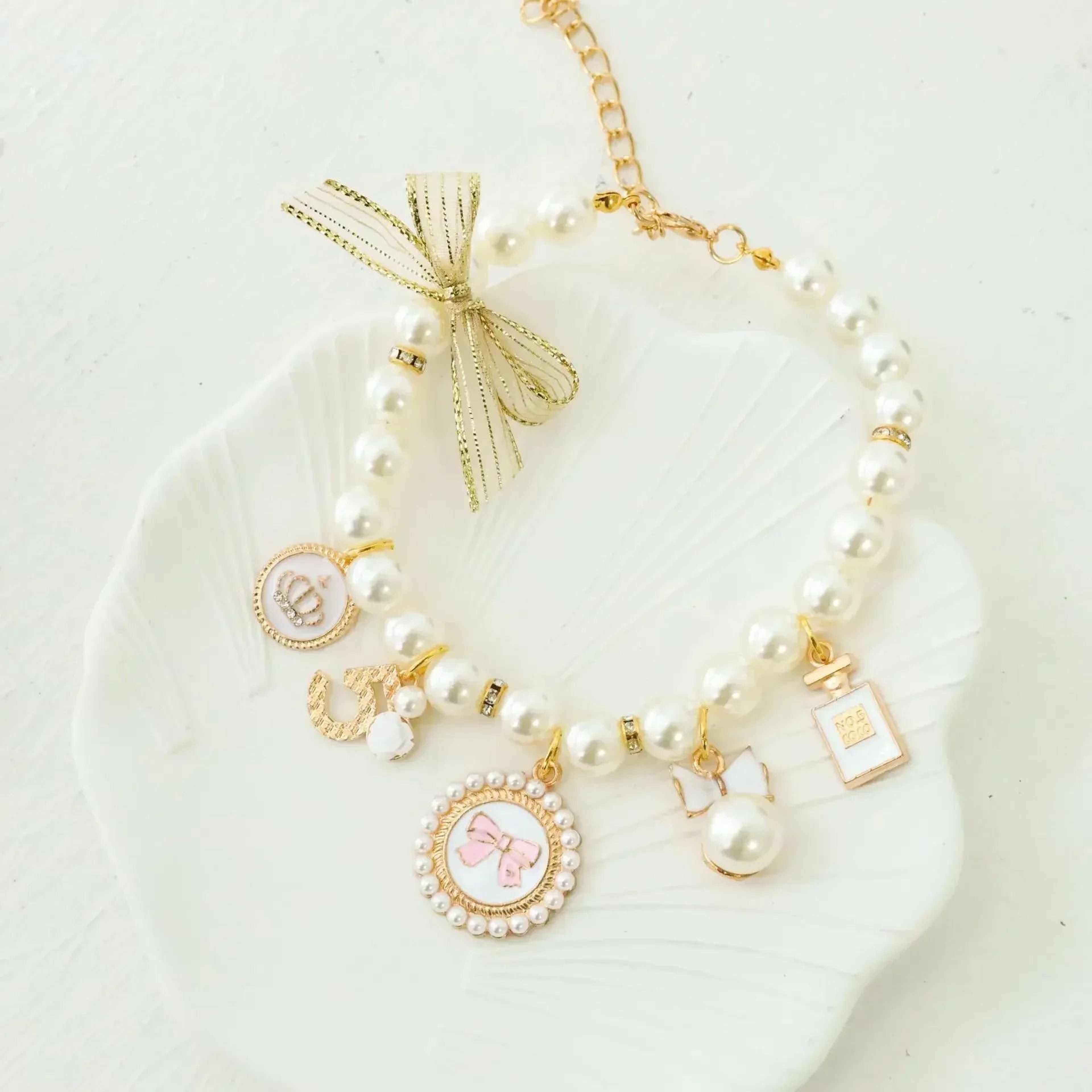 Pet Bow Pearl Collar Rhinestone Princess Pendant Necklace For Small Dogs Cats 2