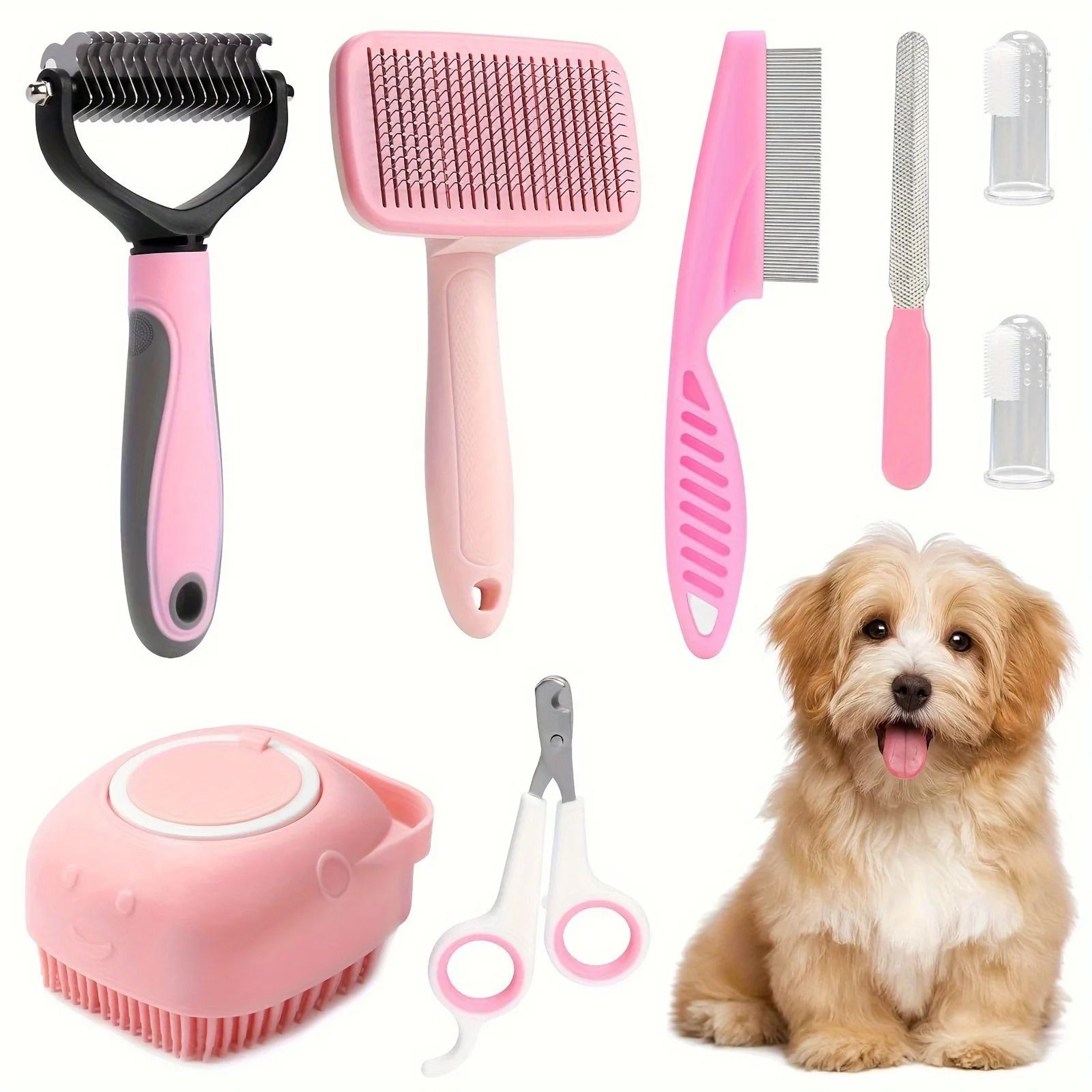 8Piece Cat Grooming  Beauty Kit With Slicker Brush Nail Clipper File Flea Comb Bath Brush 9