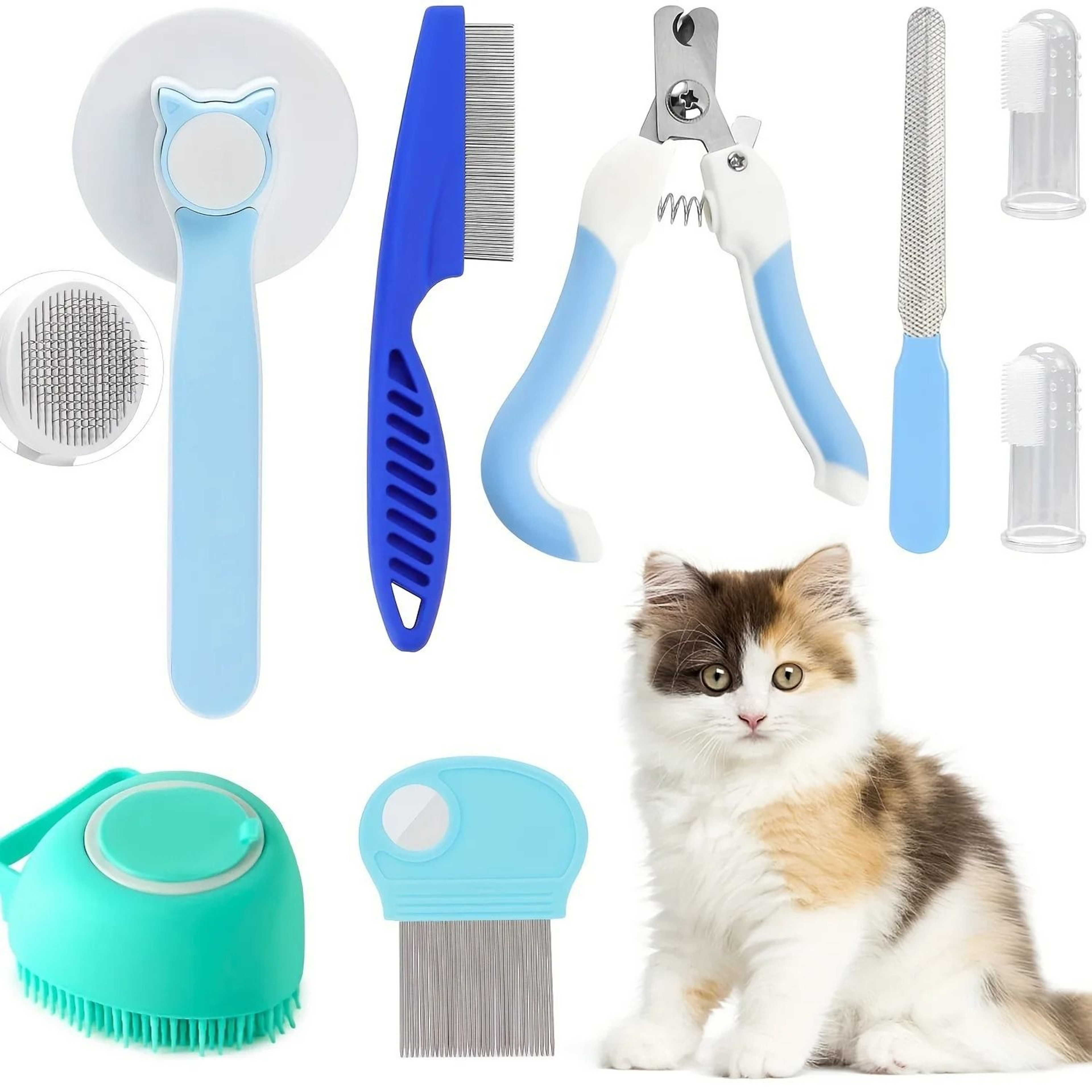8Piece Cat Grooming  Beauty Kit With Slicker Brush Nail Clipper File Flea Comb Bath Brush 8