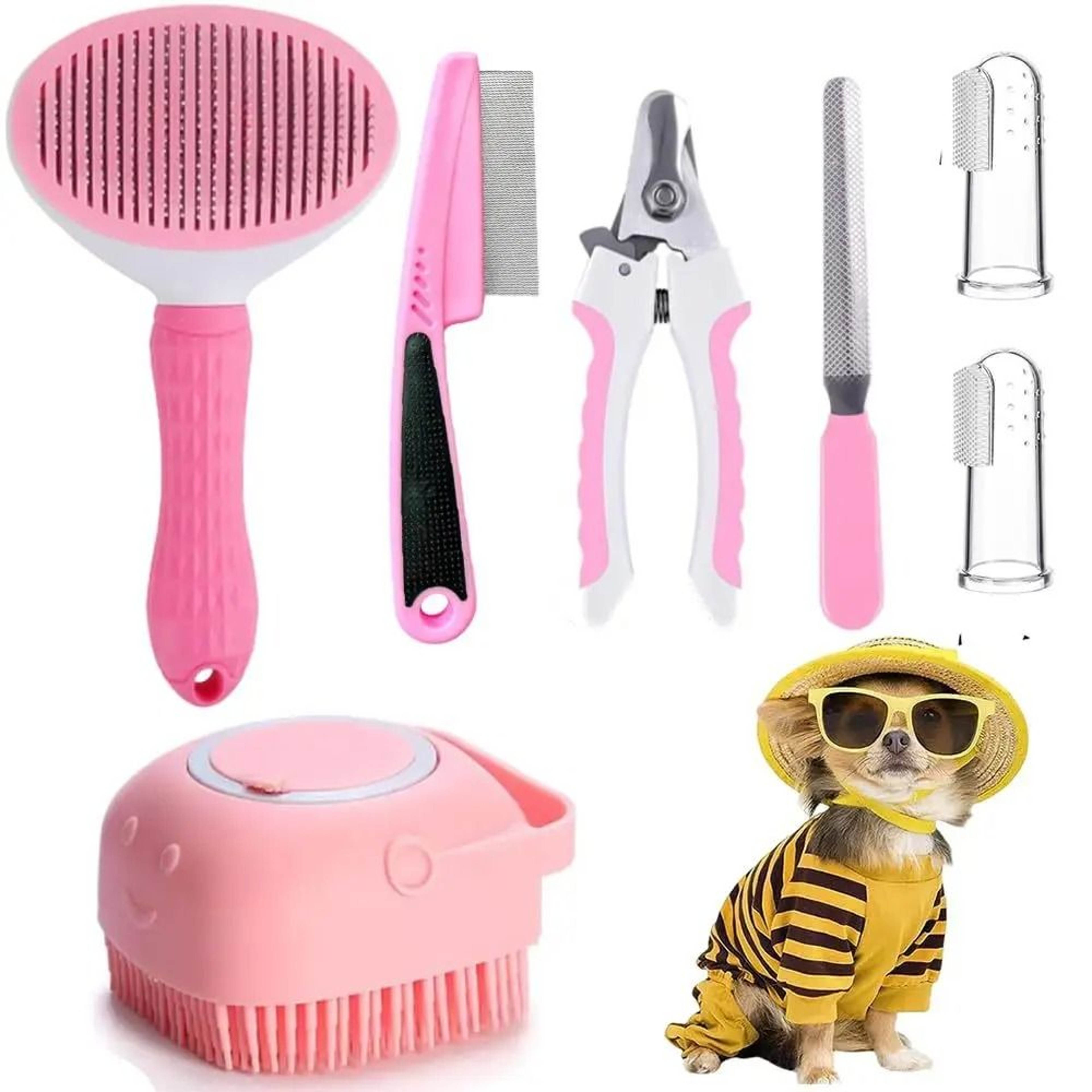 8Piece Cat Grooming  Beauty Kit With Slicker Brush Nail Clipper File Flea Comb Bath Brush 12