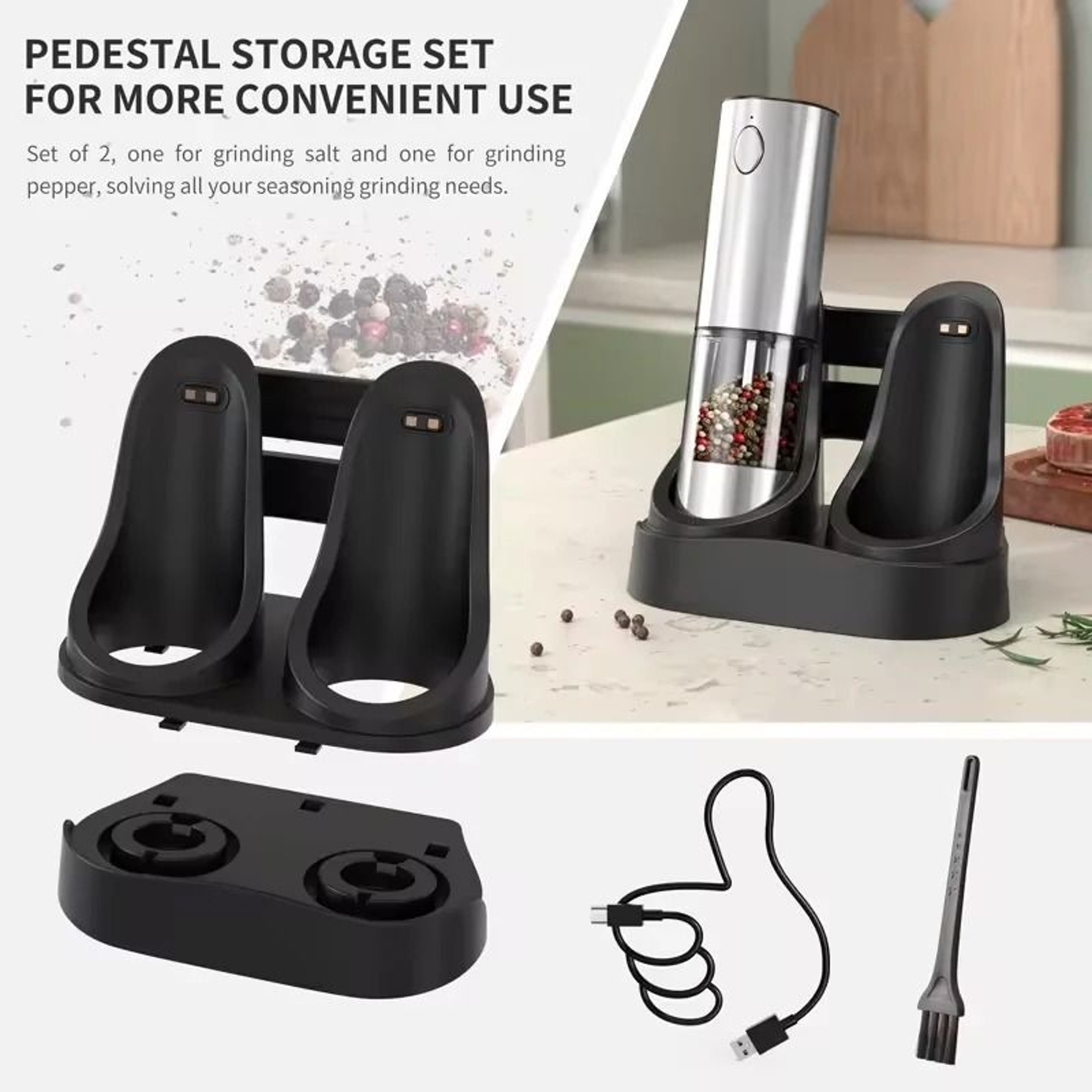 USB Rechargeable Electric Salt And Pepper Grinder Set With Charging Base Adjustable Coarseness Spic 3