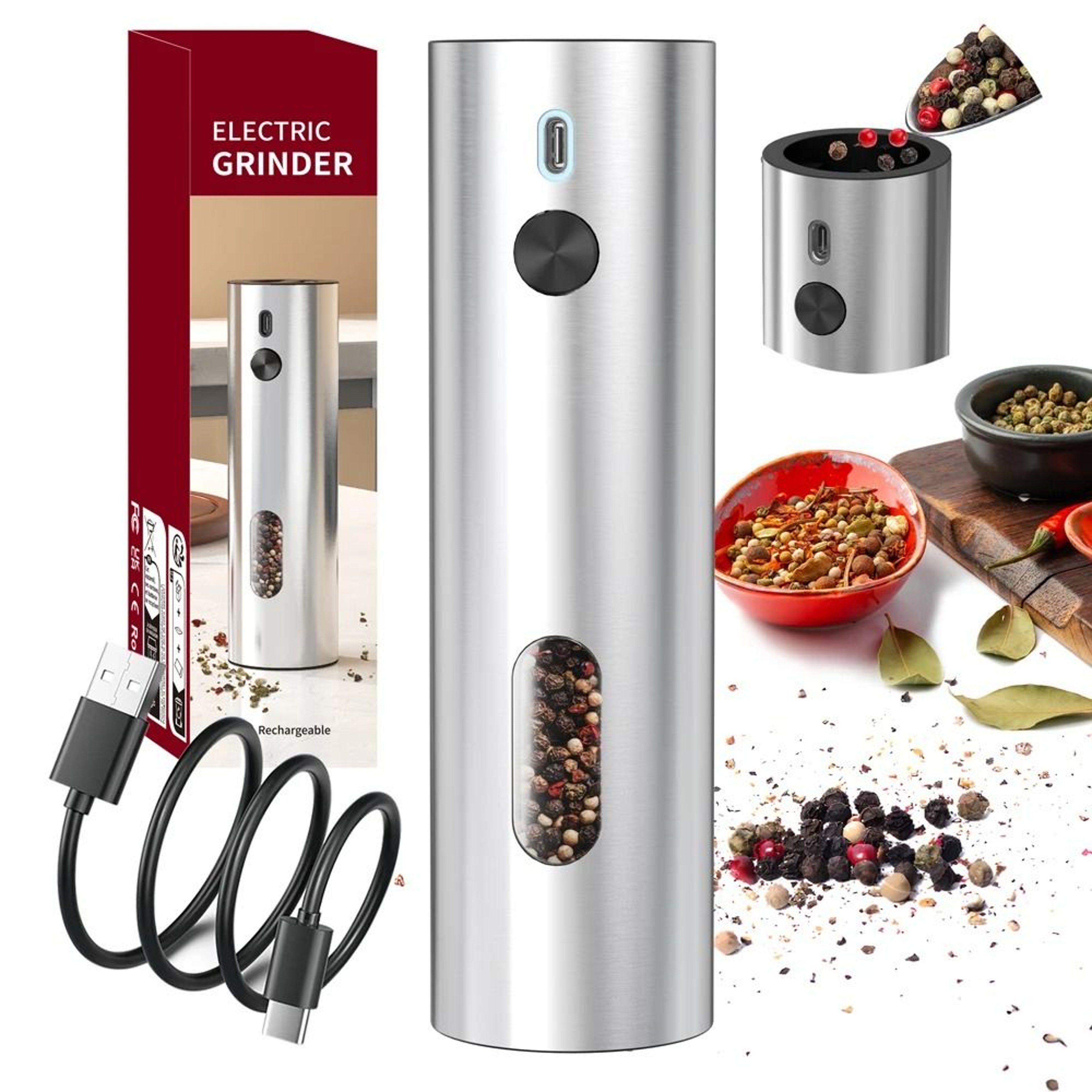 Automatic Electric Salt And Pepper Mill USB Rechargeable Spice Grinder With LED Light And Adjustabl 6