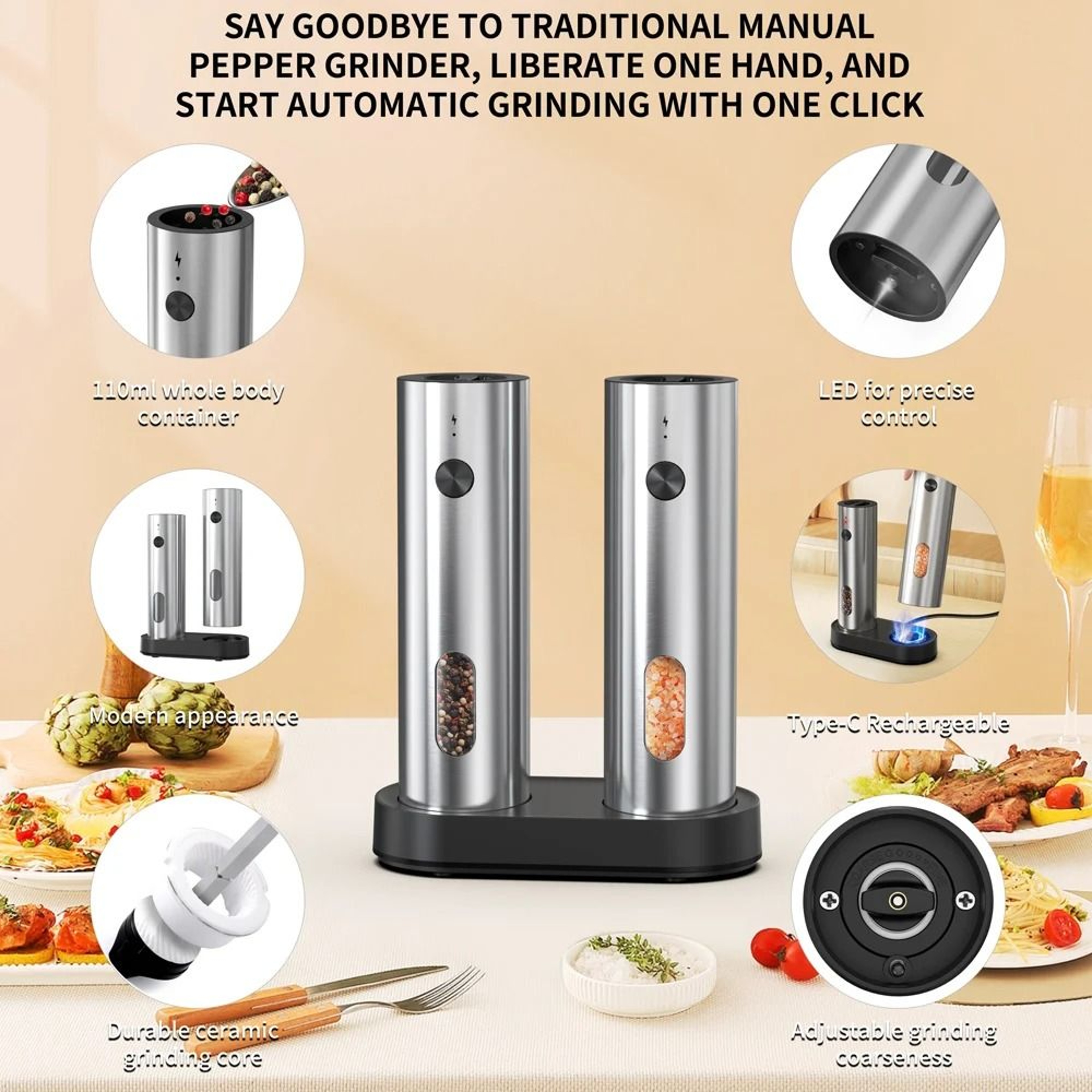 Automatic Electric Salt And Pepper Mill USB Rechargeable Spice Grinder With LED Light And Adjustabl 2