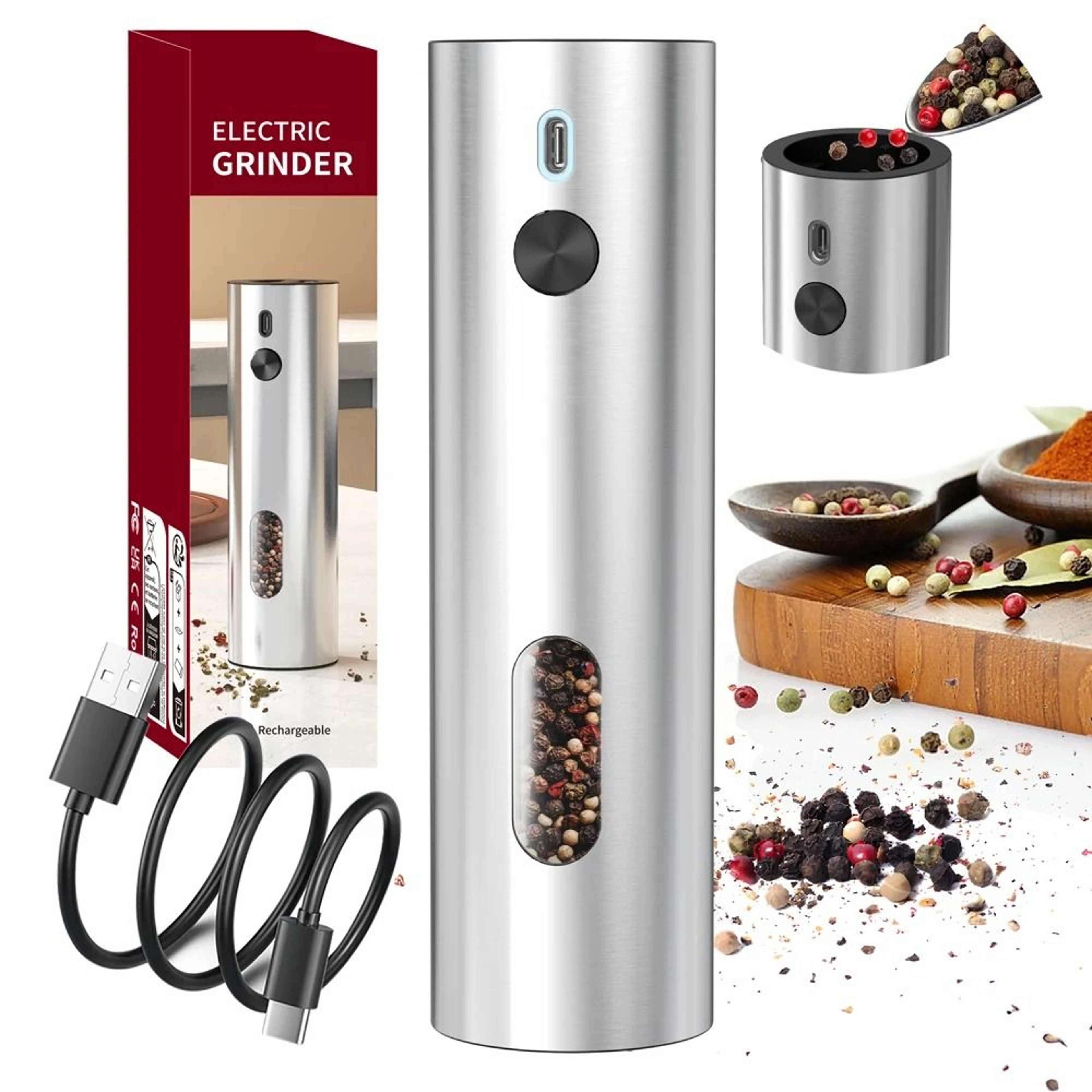 Automatic Electric Salt And Pepper Grinder USB Rechargeable Spice Mill With LED Light 6