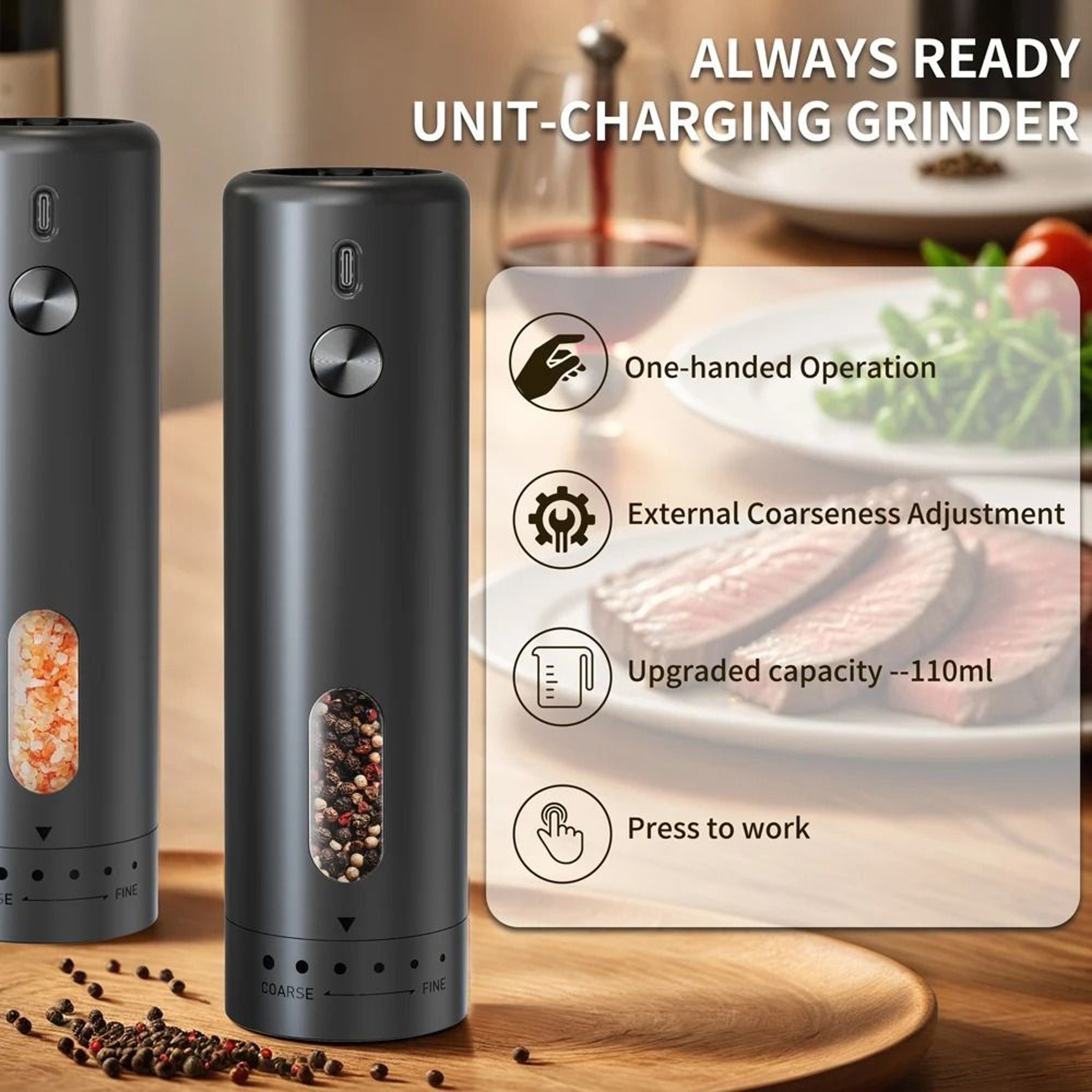 Cordless One Touch Salt and Pepper Mill Set with LED Light and Adjustable Coarseness – view 3