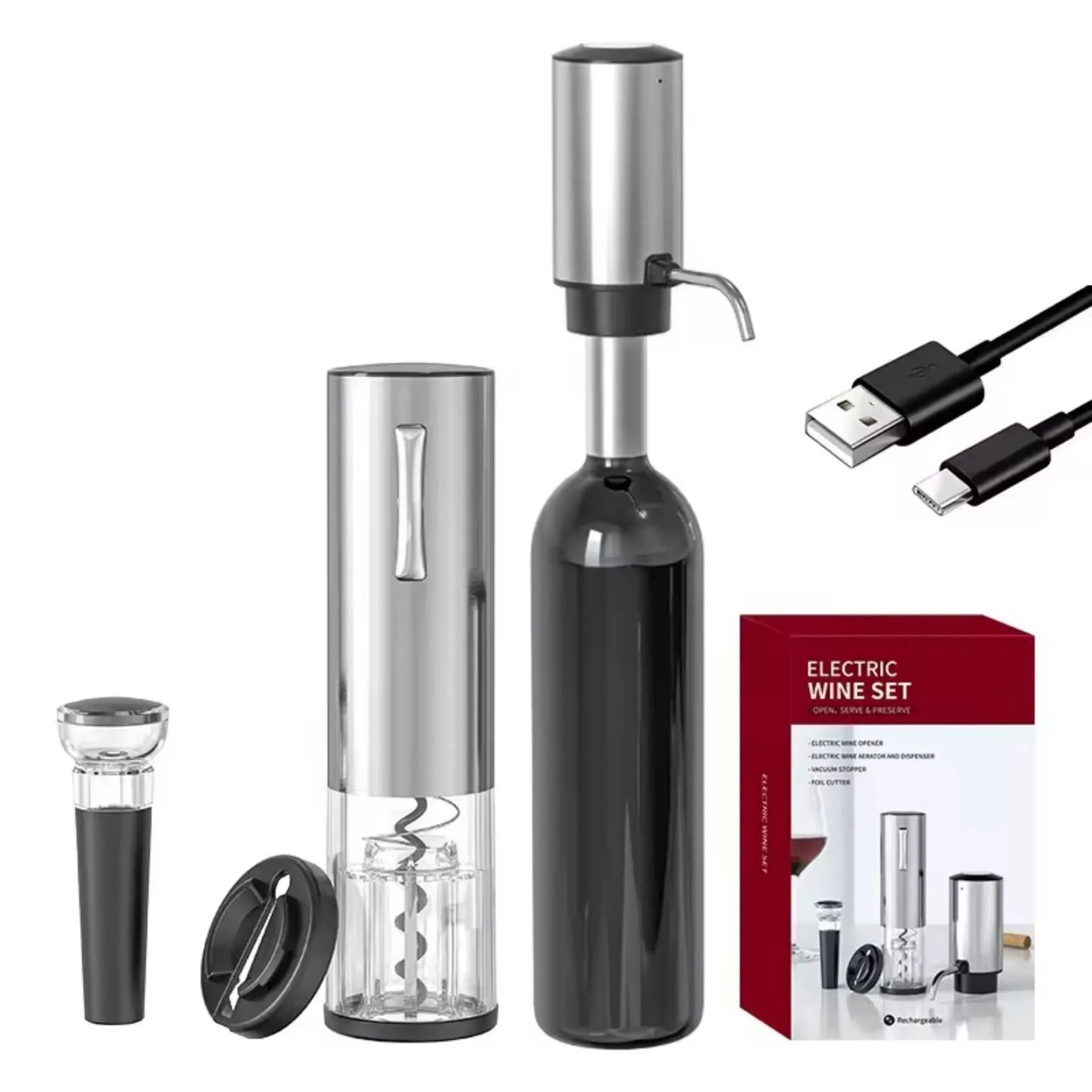 Lithium Rechargeable 4 In 1 Electric Wine Opener Set With Foil Cutter Aerator Pourer And Vacuum Sto 6