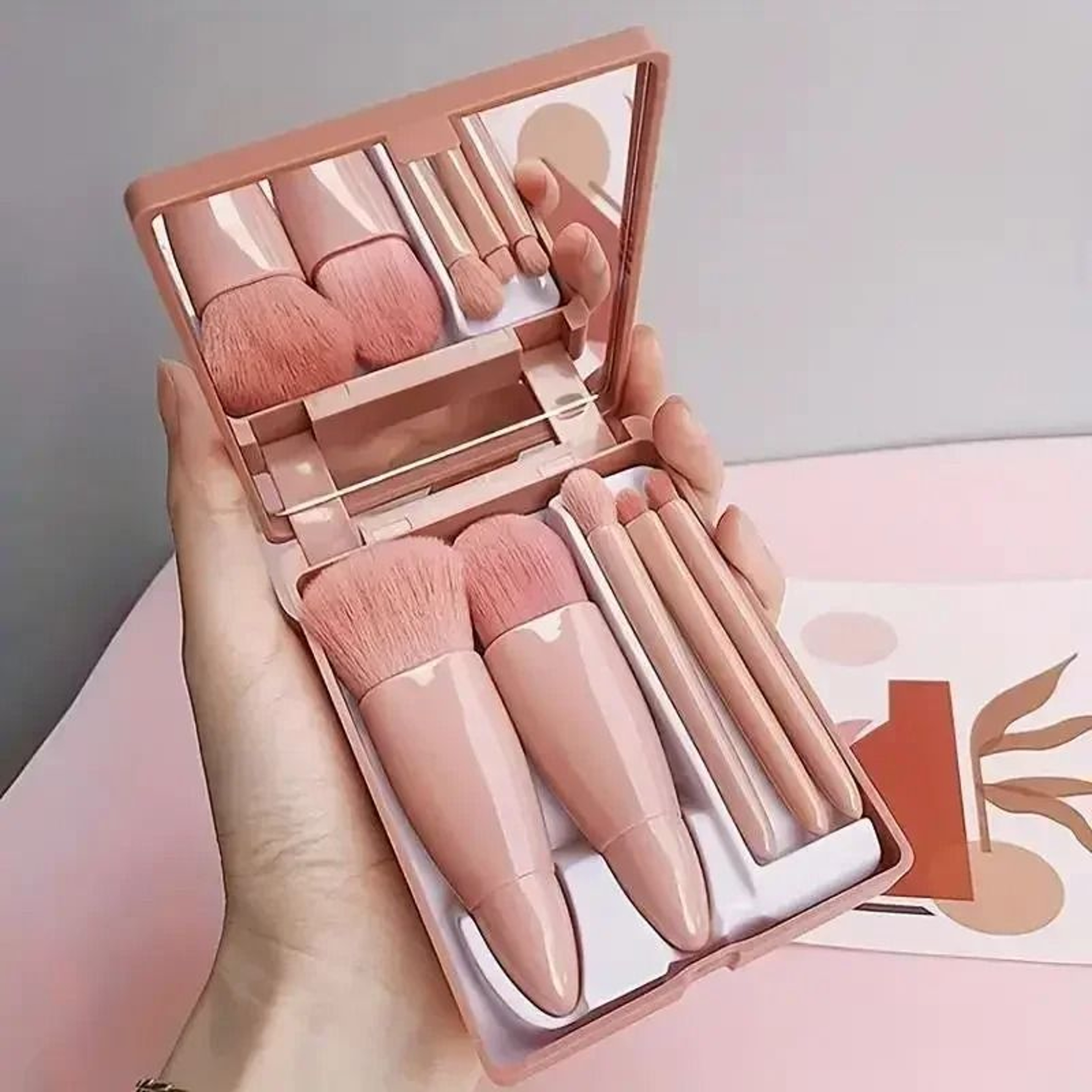 5Piece Mini Travel Makeup Brush Set With Portable Compact Storage Case And Mirror 0