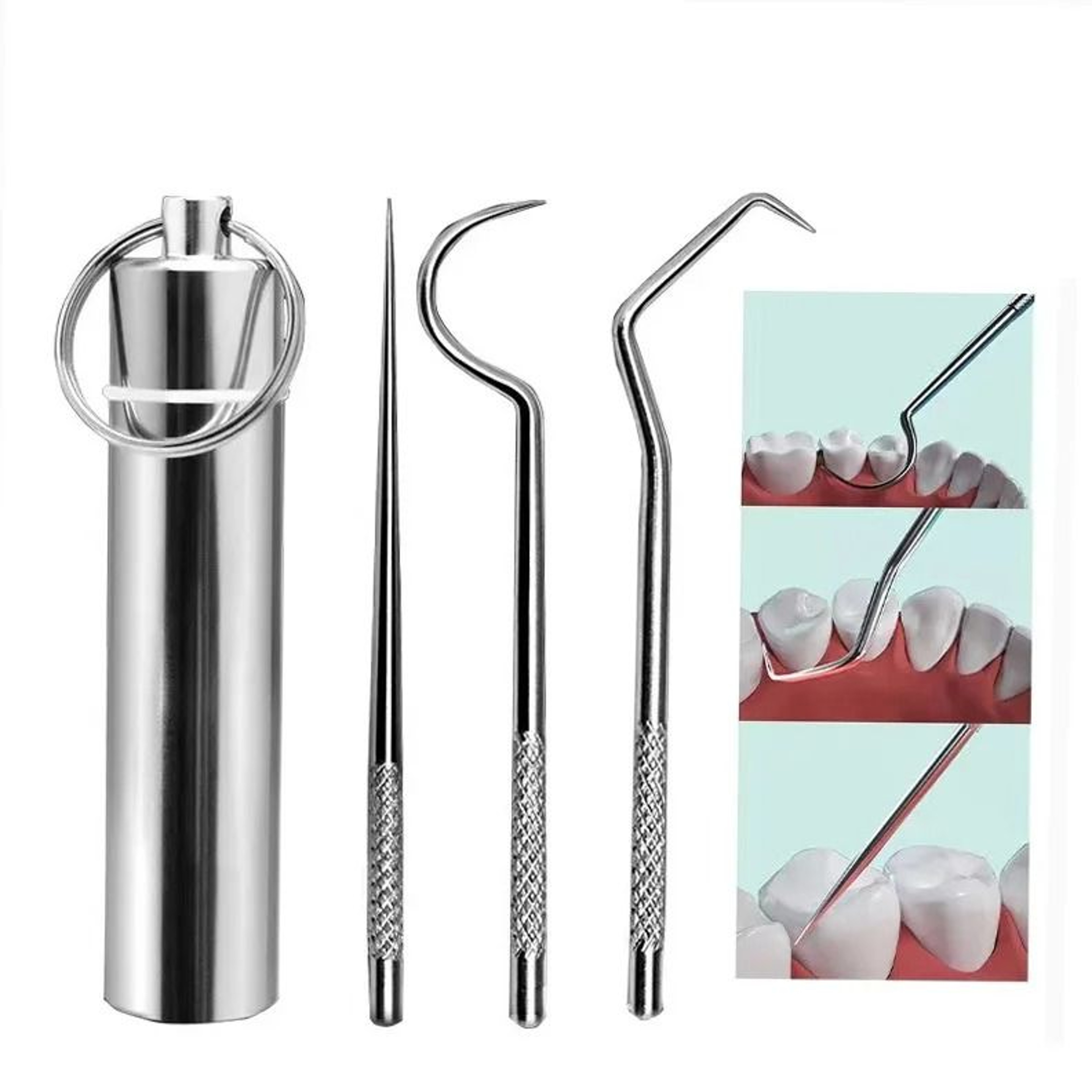 Stainless Steel Pocket Toothpick Set With Portable Keychain Case And Reusable Metal Floss Picks 6
