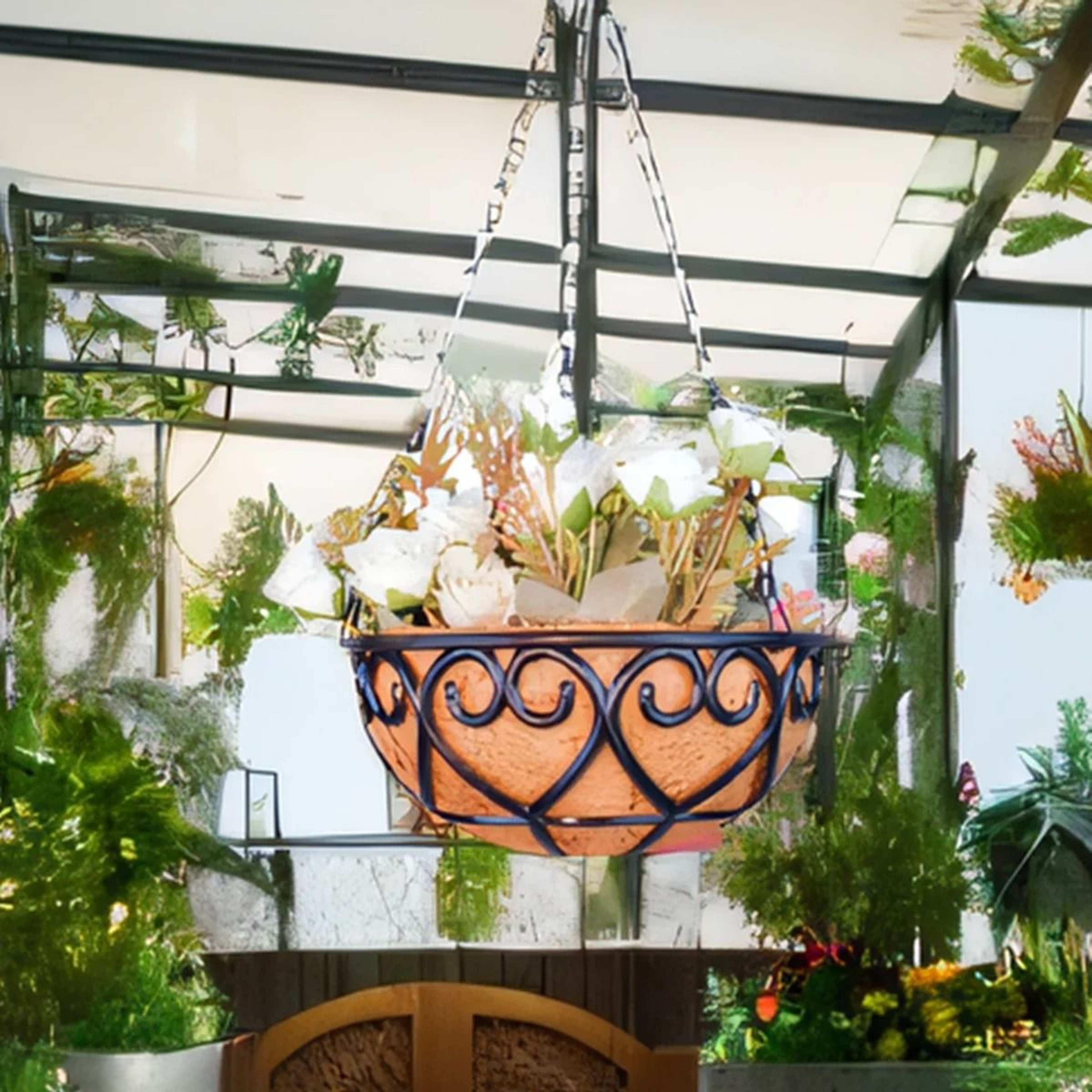 Coconut Coir Brown Round Iron Chain Hanging Basket Planter For Plants And Flowers 3