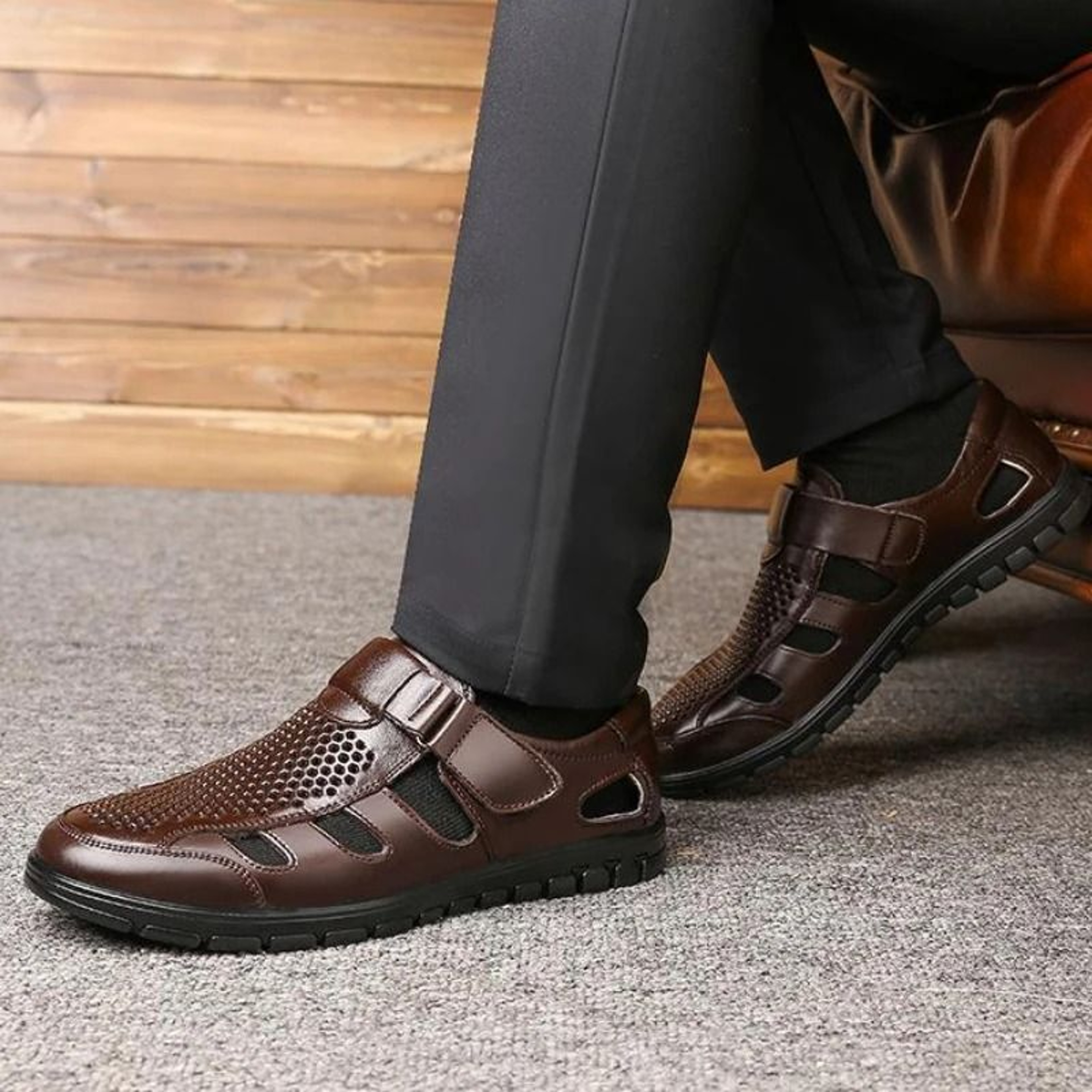 Genuine Leather Mens Luxury Business Casual Hollow Work Sandals 0