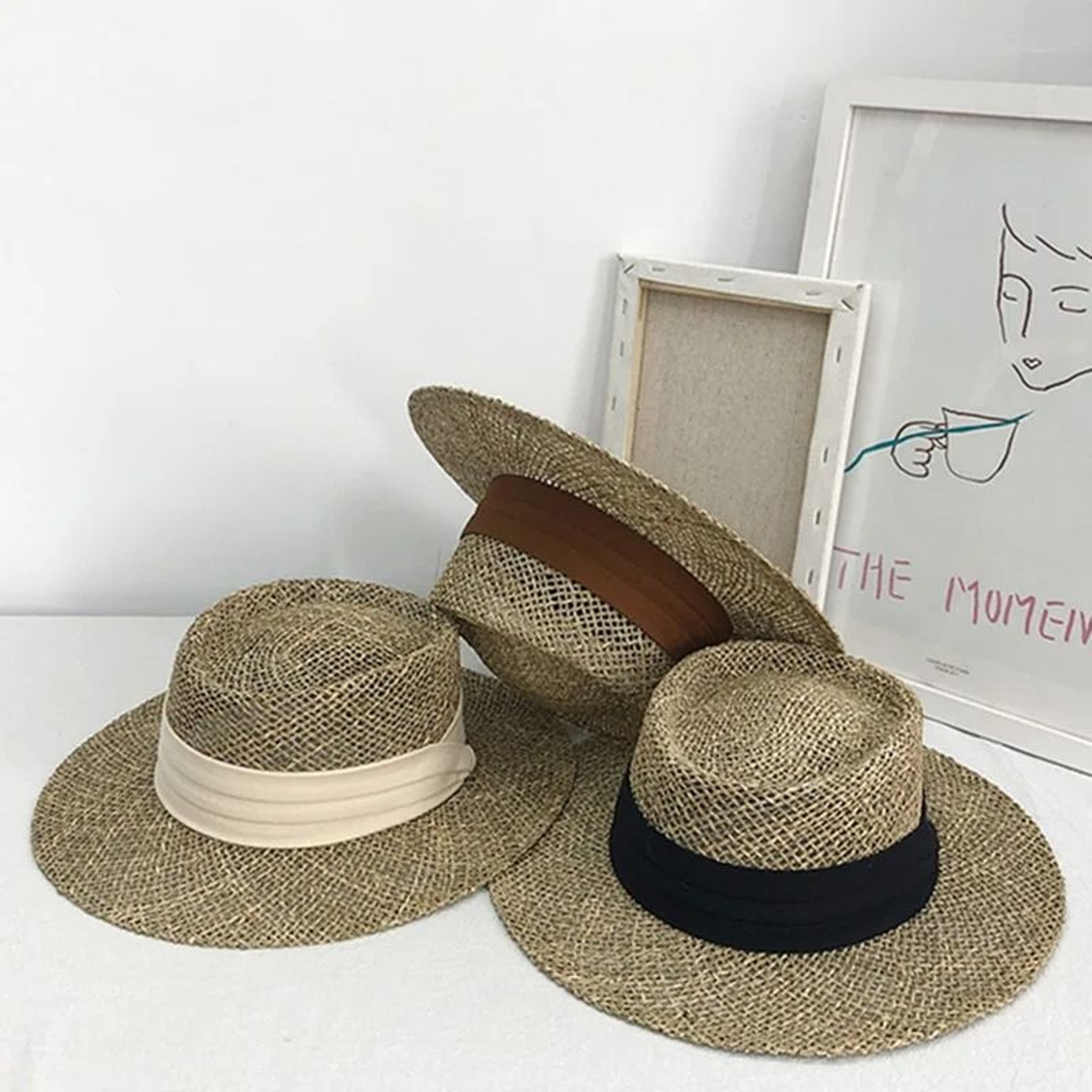 Handmade Woven Straw Beach Hat Flat Top Panama Sun Protection Visor 4