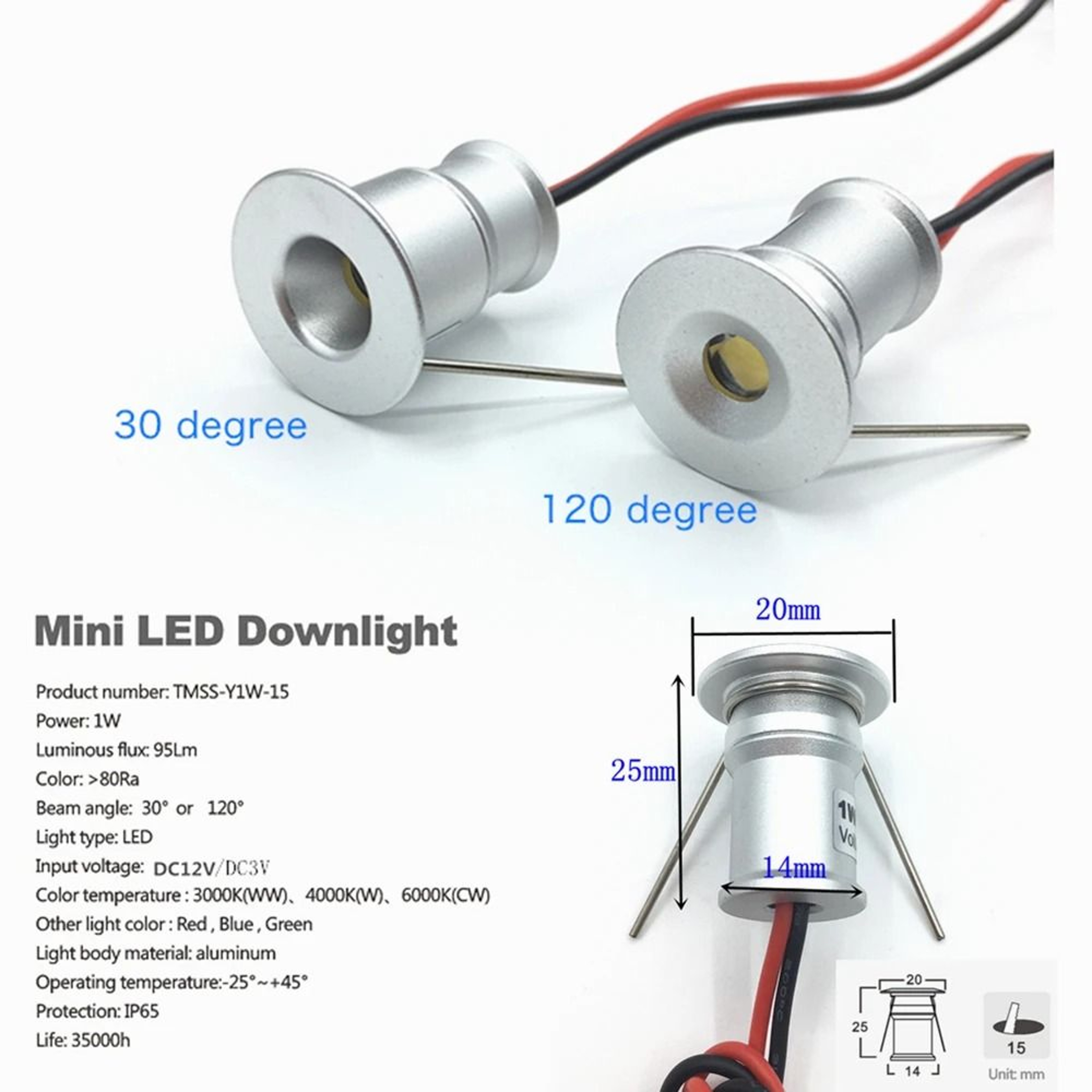 1W LED Mini Downlight 12V 3V Dimmable Recessed Spotlight Showcase Focus Lamp 2