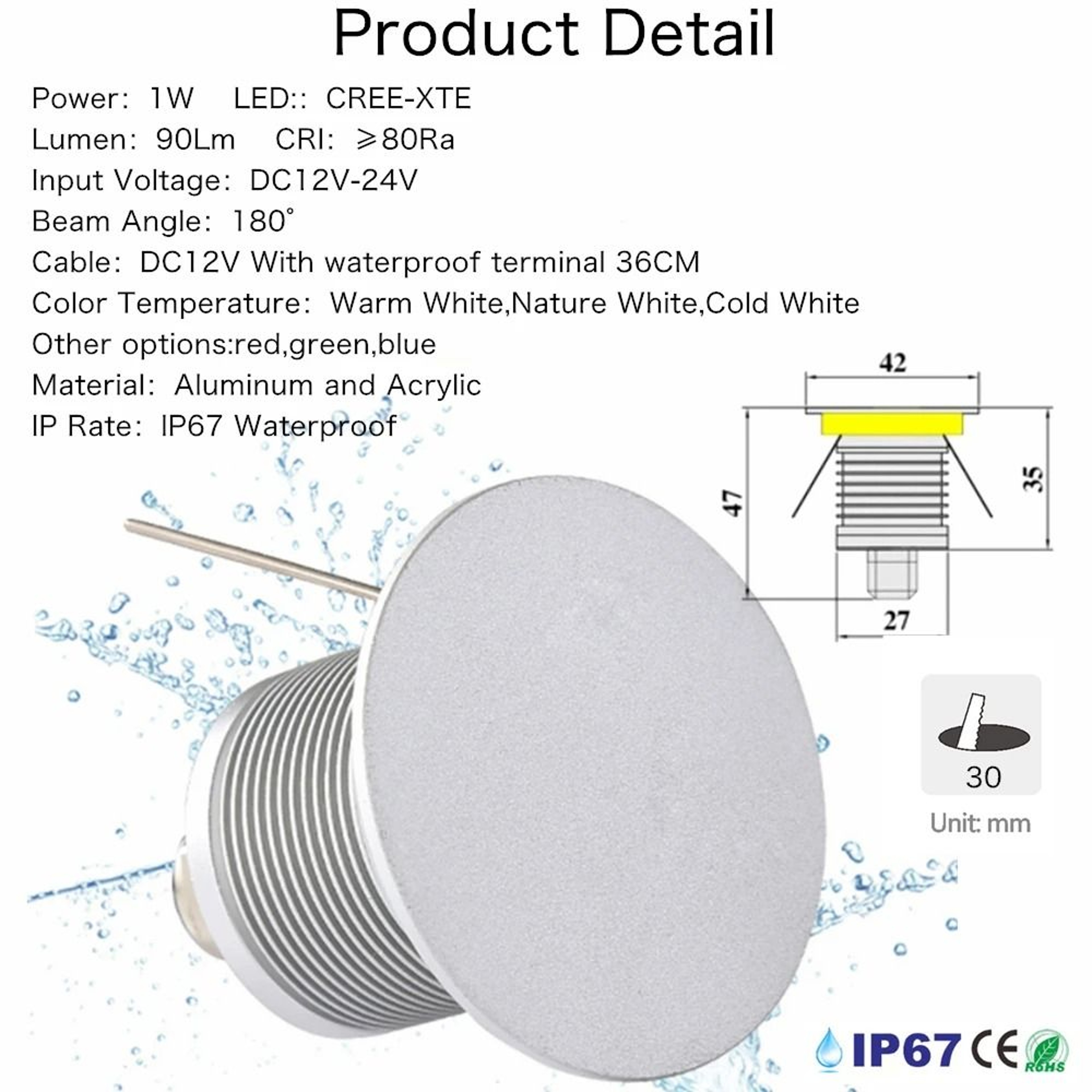 1W LED Deck Light Garden Pathway IP67 Waterproof Underground Wall Lamp 12V 24V Stair Step Flooring  3