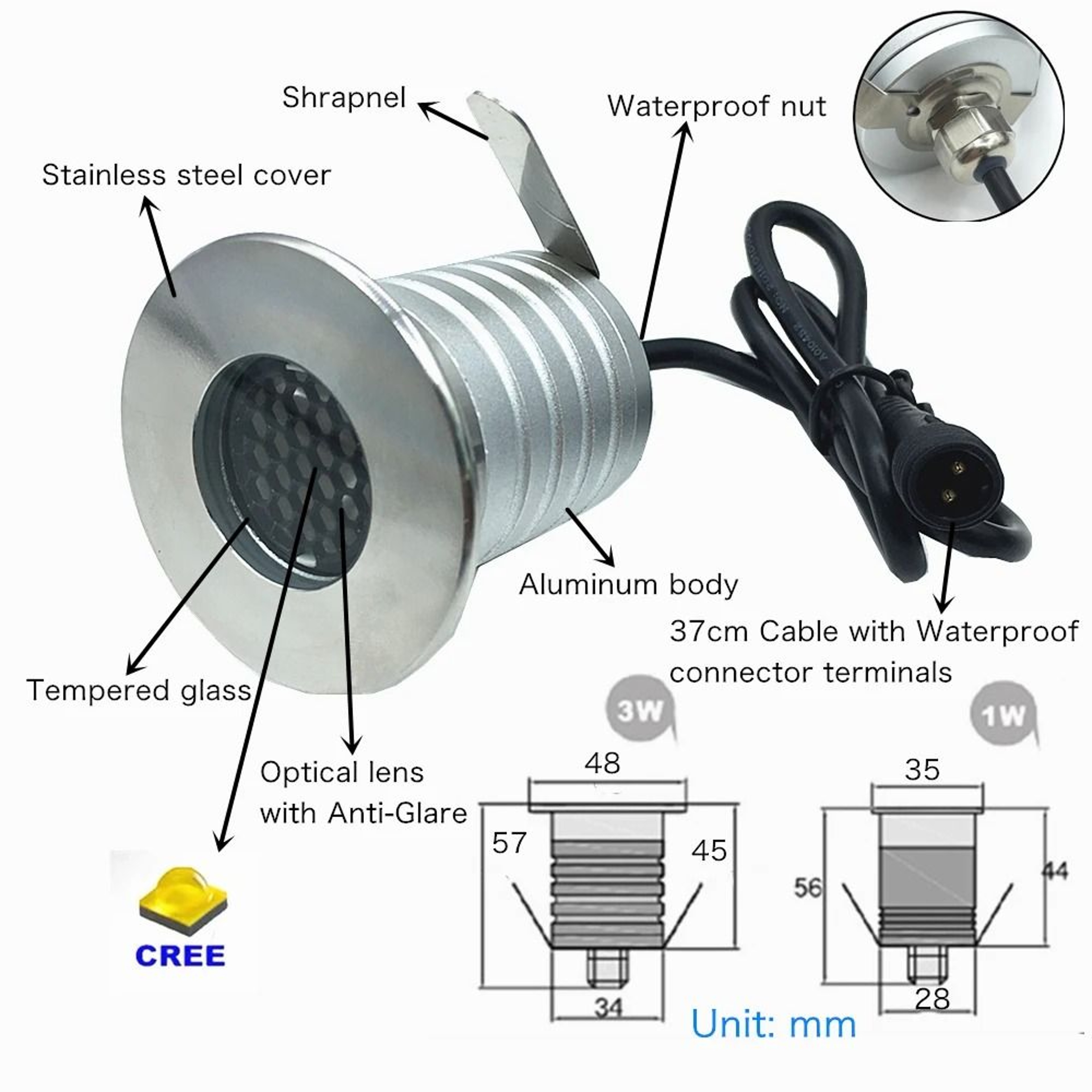 IP67 Anti Glare LED Underground Light 1W 3W Waterproof Garden Floor Lamp 12V 24V Outdoor Recessed 2