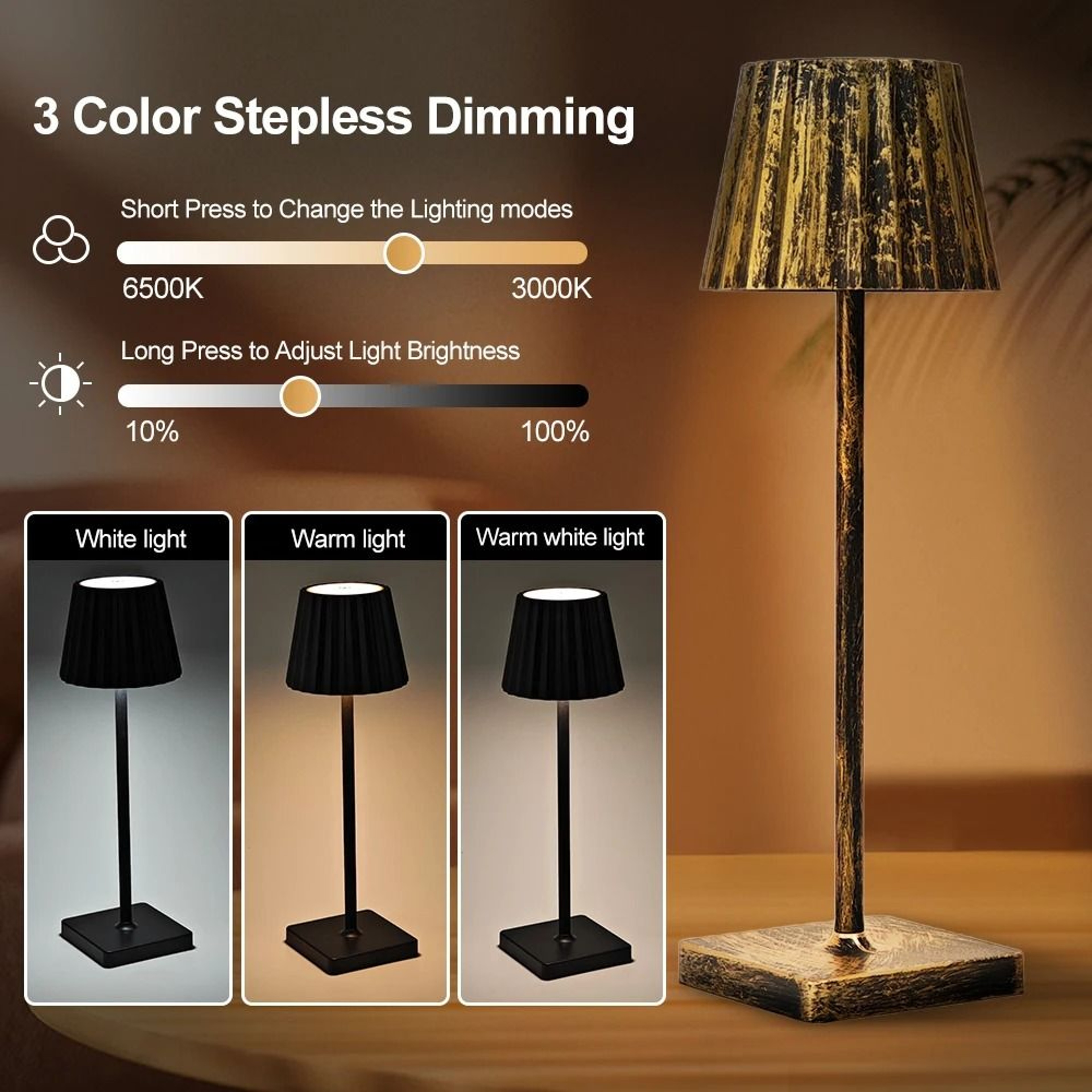 Cordless LED Desk Lamp Touch Control Table Lamp USB Rechargeable 3 Color Stepless Dimming Light 4