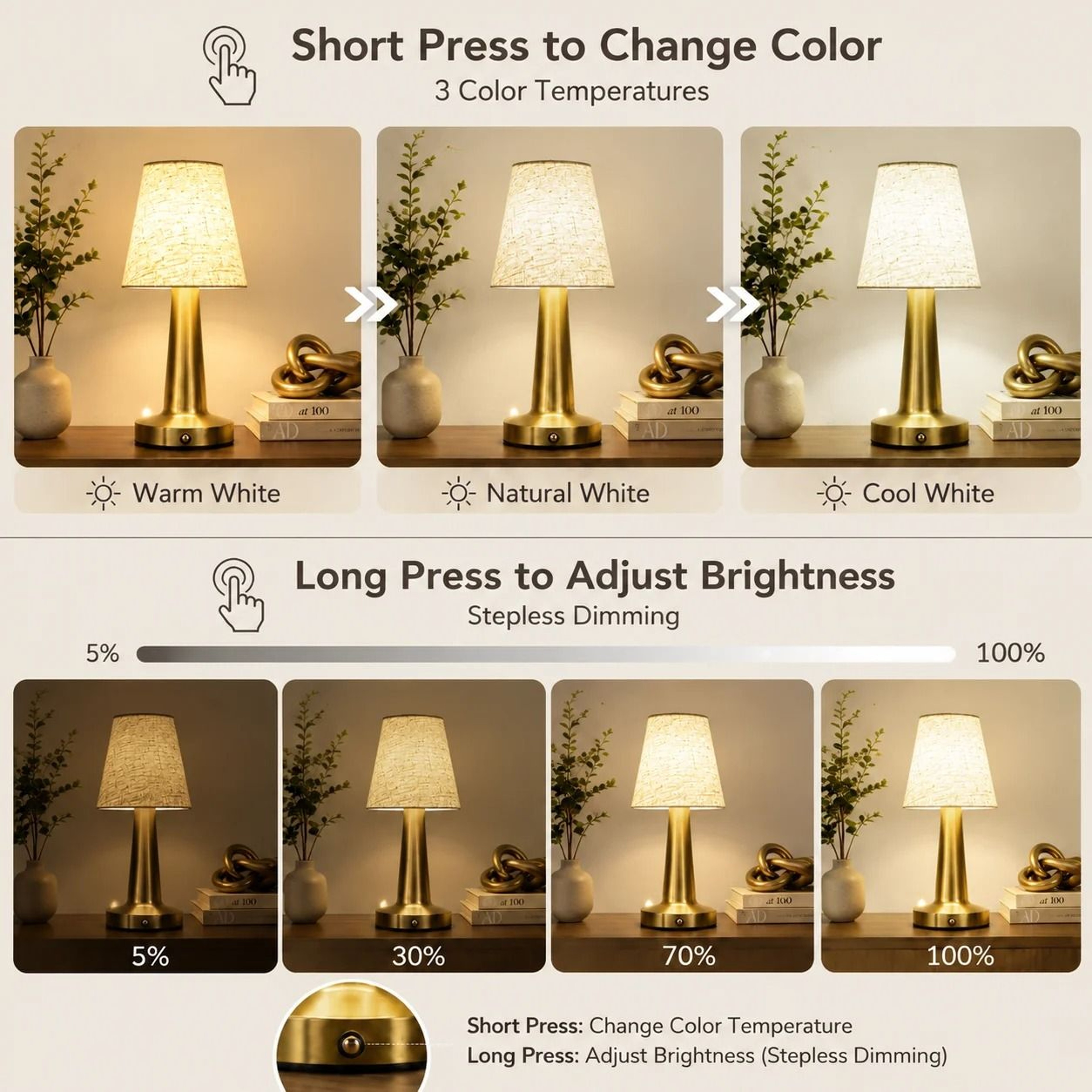 LED Table Lamp With Cloth Shade Touch Sensor Bedside Lamp Rechargeable Reading Light Bedroom Bar De 2