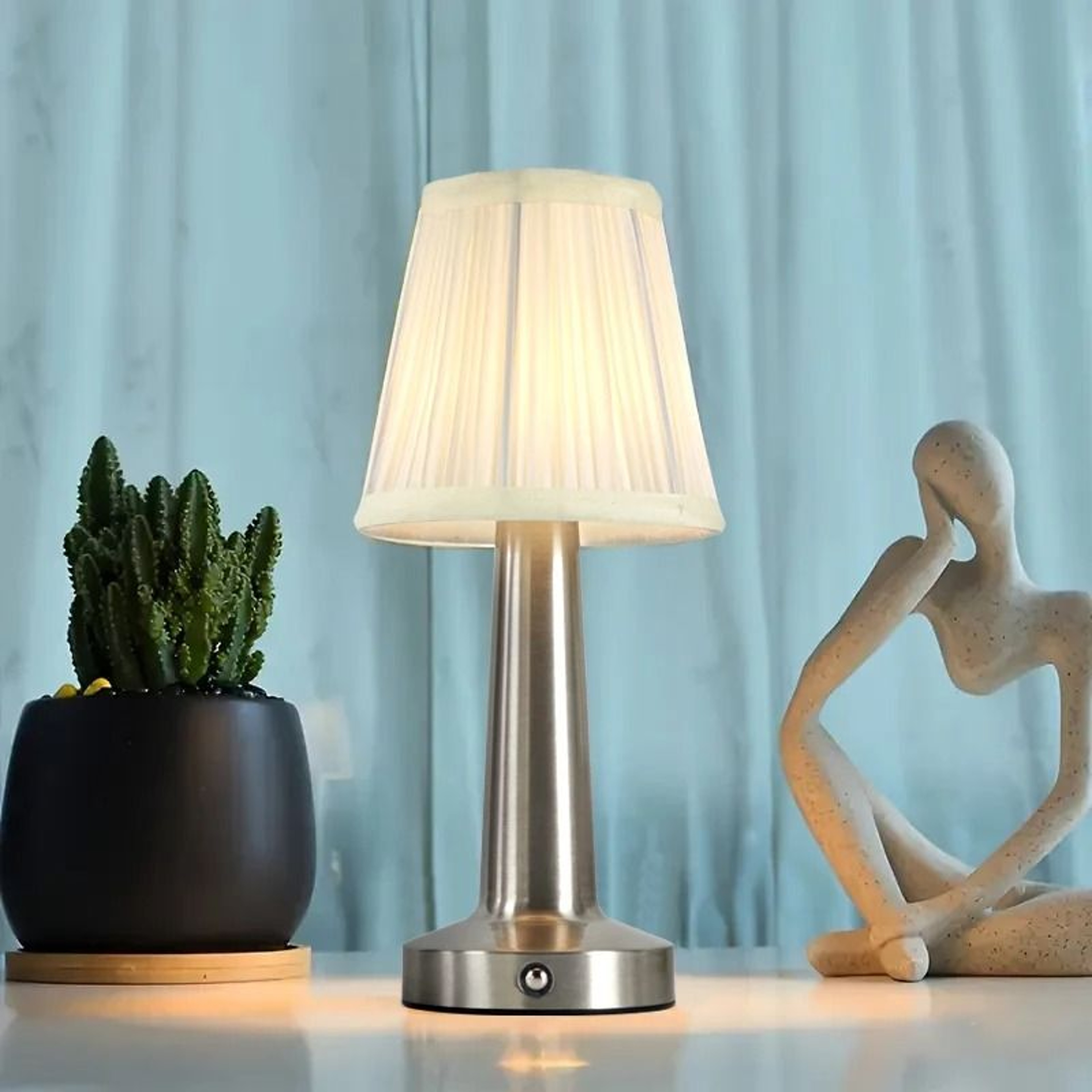 Modern Rechargeable Cordless Touch Control Restaurant LED Table Lamp Pleated Silk Shade Home Decor 3