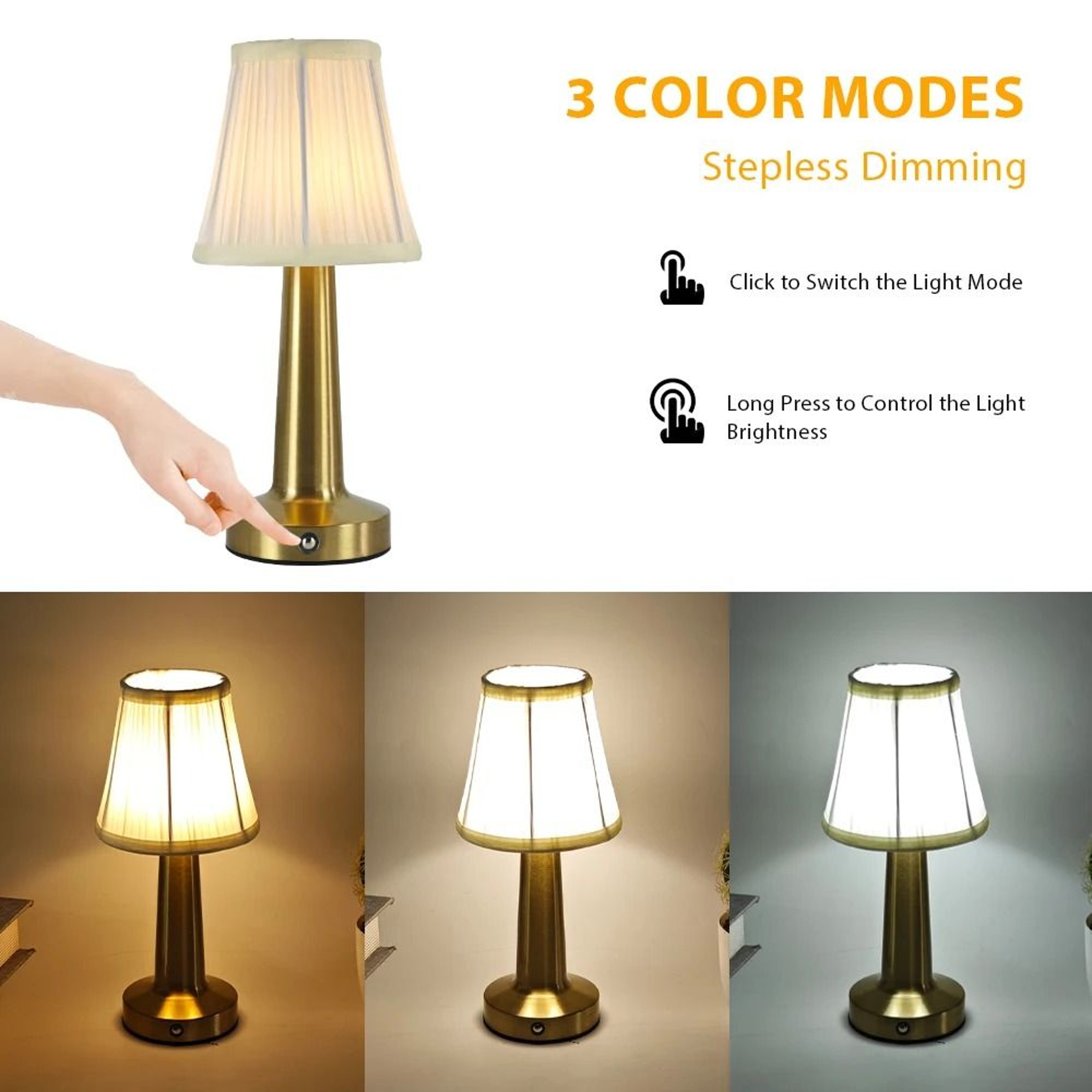 Modern Rechargeable Cordless Touch Control Restaurant LED Table Lamp Pleated Silk Shade Home Decor 4
