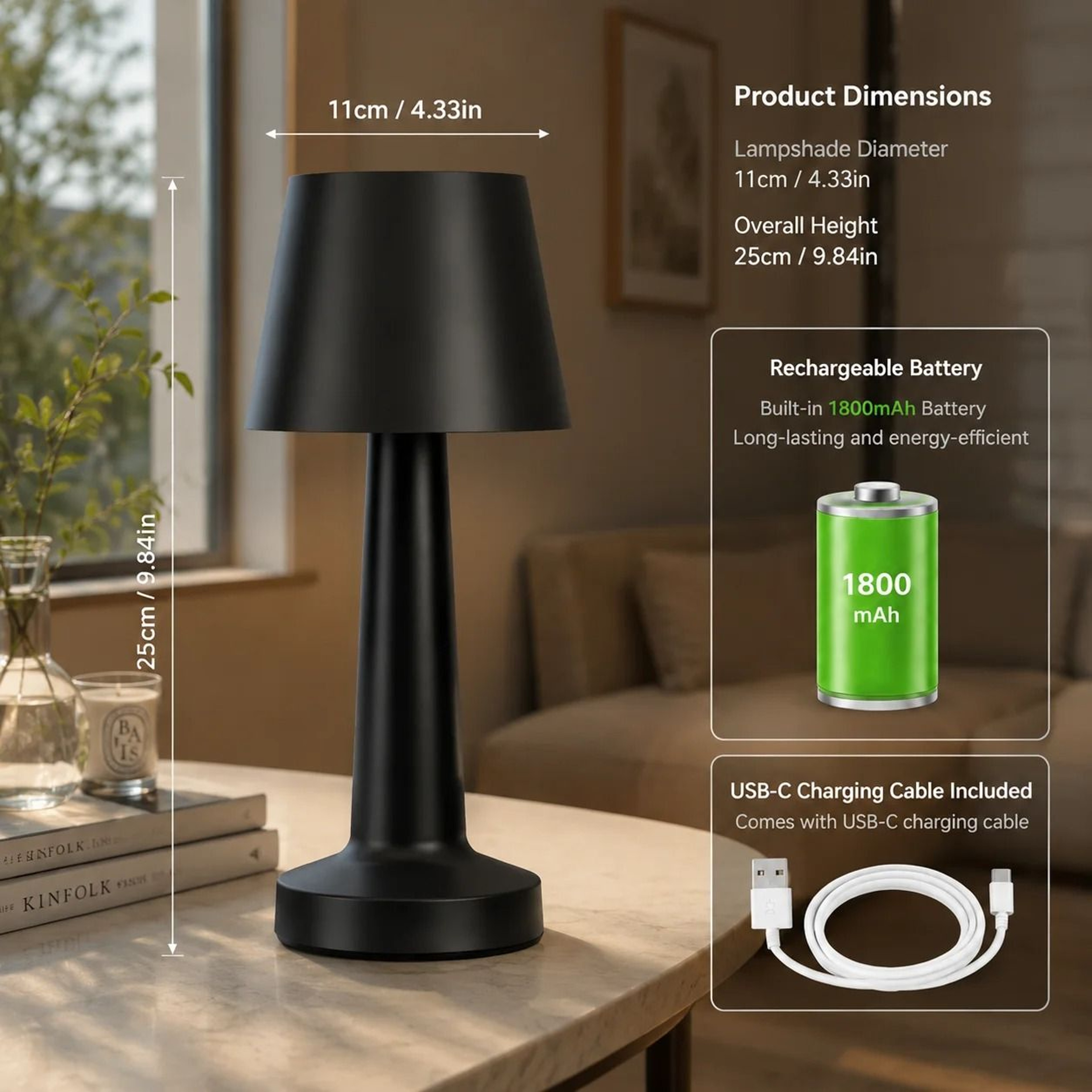 LED Mushroom Table Lamp Wireless Rechargeable Touch Control Dimmable Bedside Night Light Minimalist 5