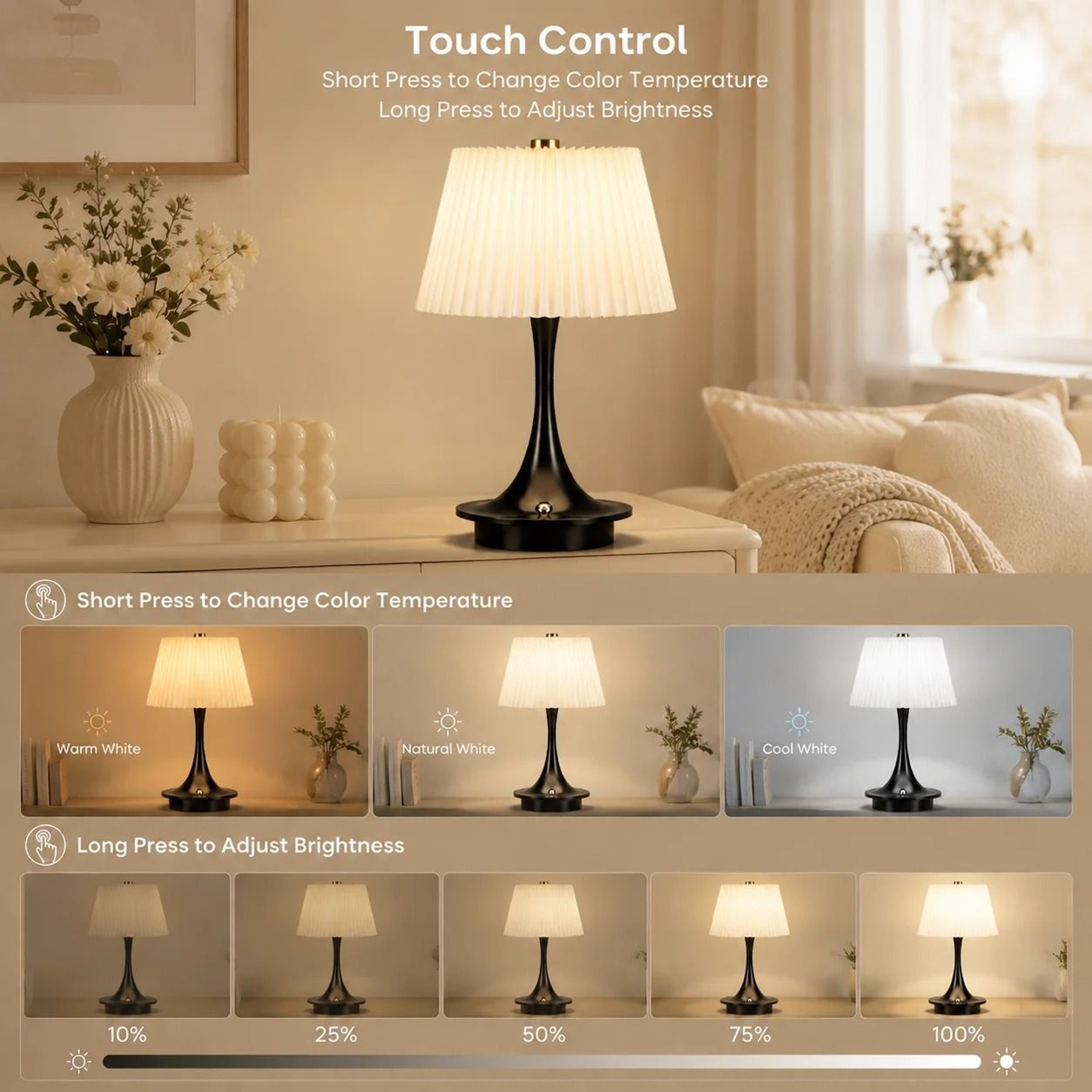 Modern Pleated Fabric Table Lamp ThreeColor Lights Wireless Rechargeable Touch Control Cafe Decor 3