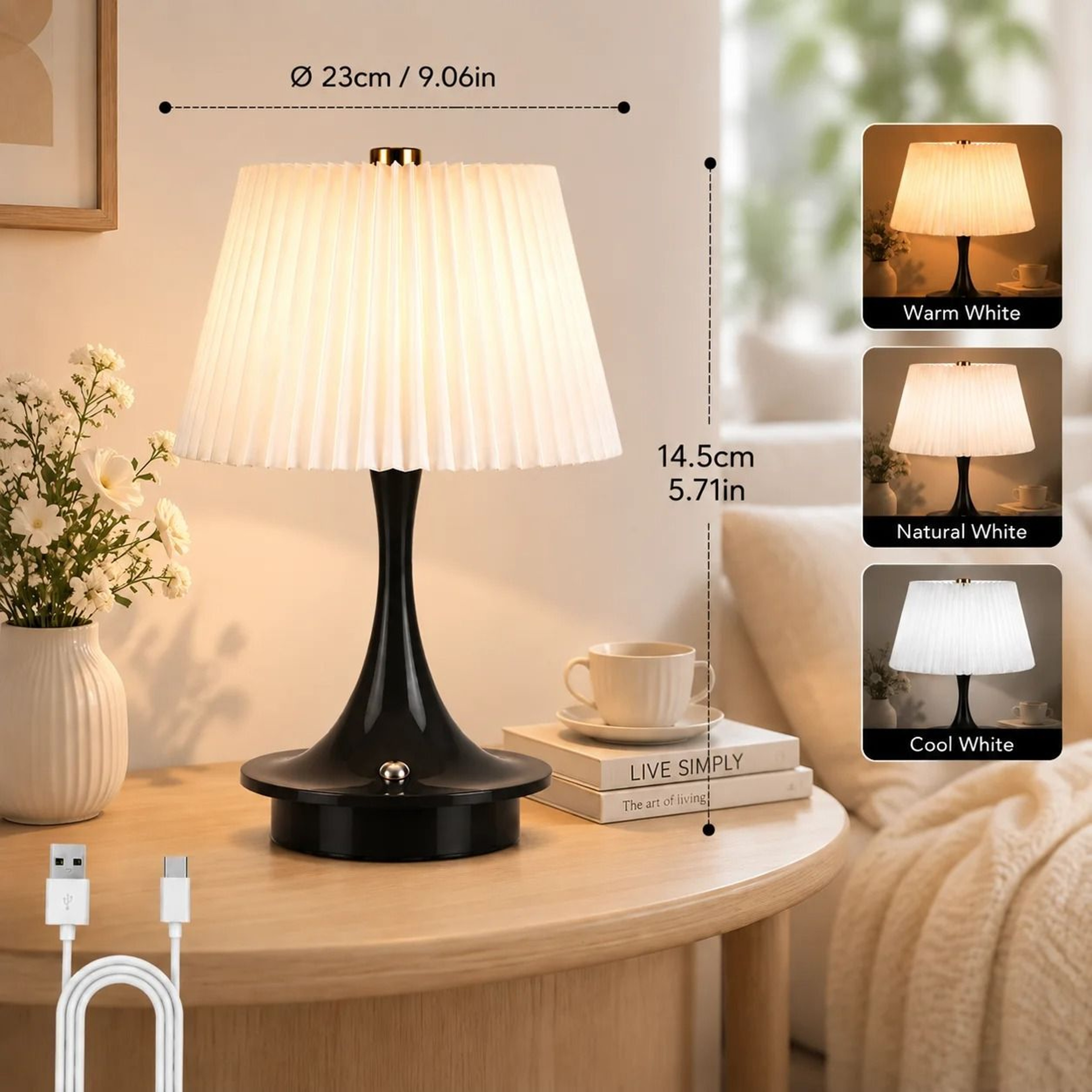 Modern Pleated Fabric Table Lamp ThreeColor Lights Wireless Rechargeable Touch Control Cafe Decor 6