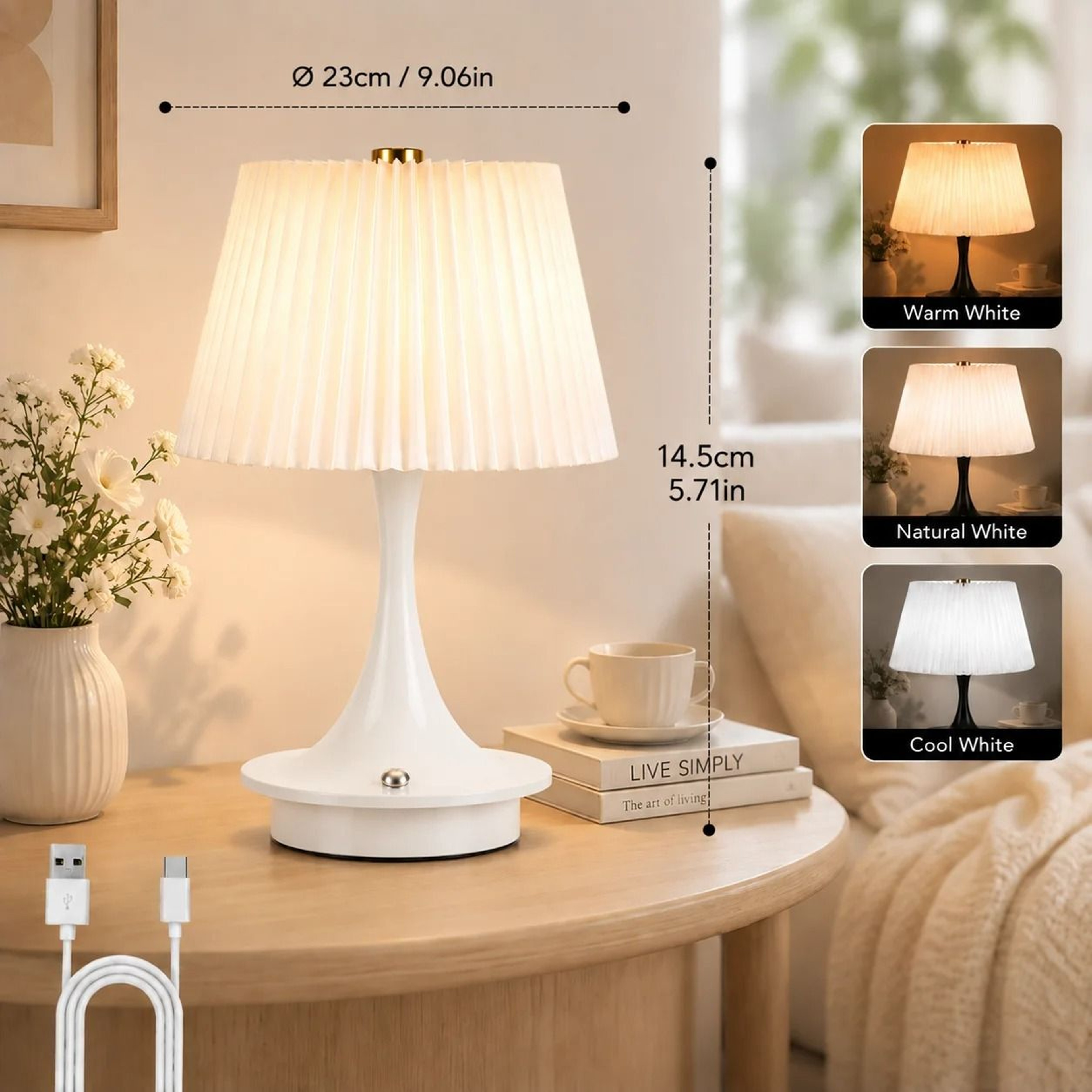 Modern Pleated Fabric Table Lamp ThreeColor Lights Wireless Rechargeable Touch Control Cafe Decor 5