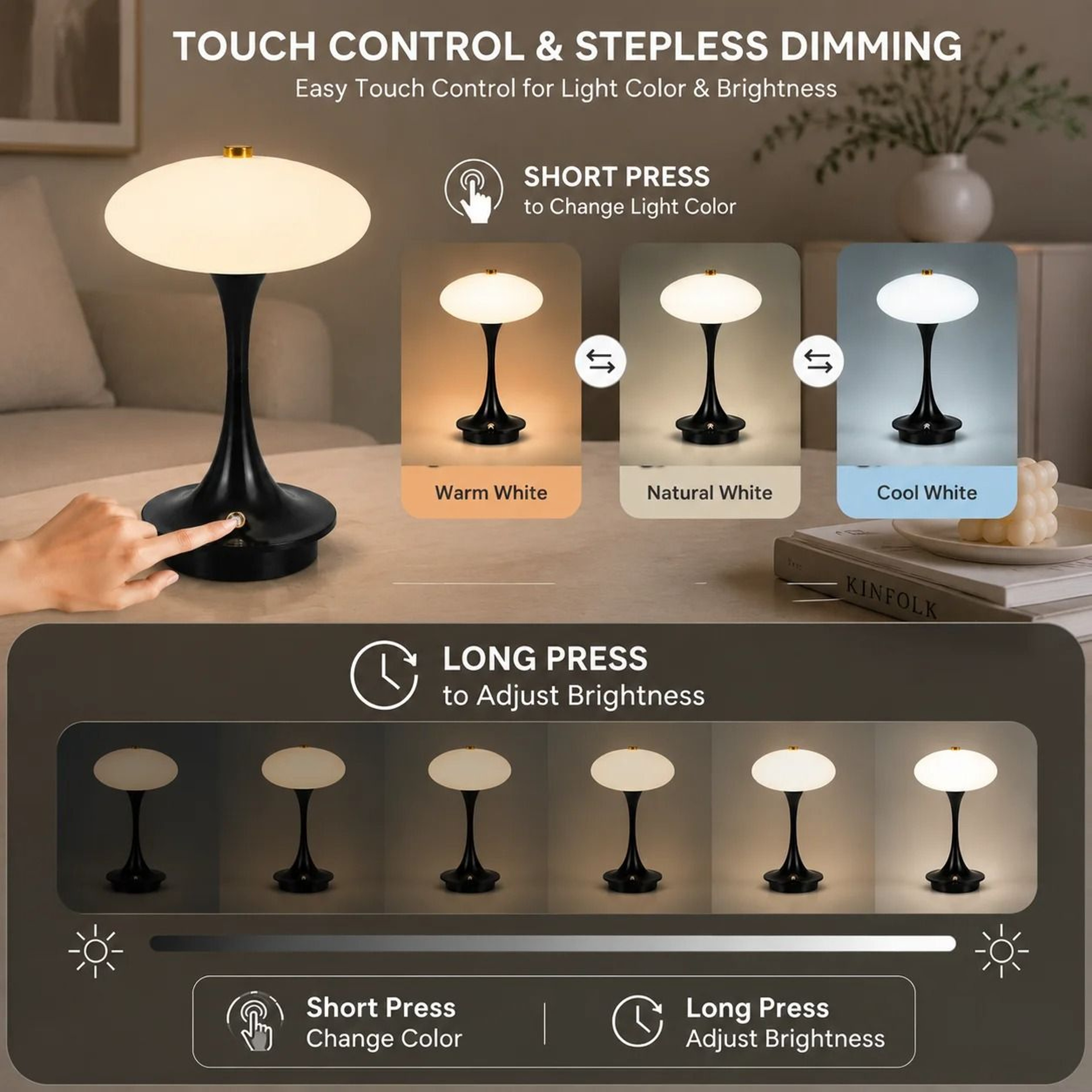 Mushroom Table Lamp Rechargeable LED Bedside Lamp Touch Sensor 3 Color Lights Contemporary Interior 1