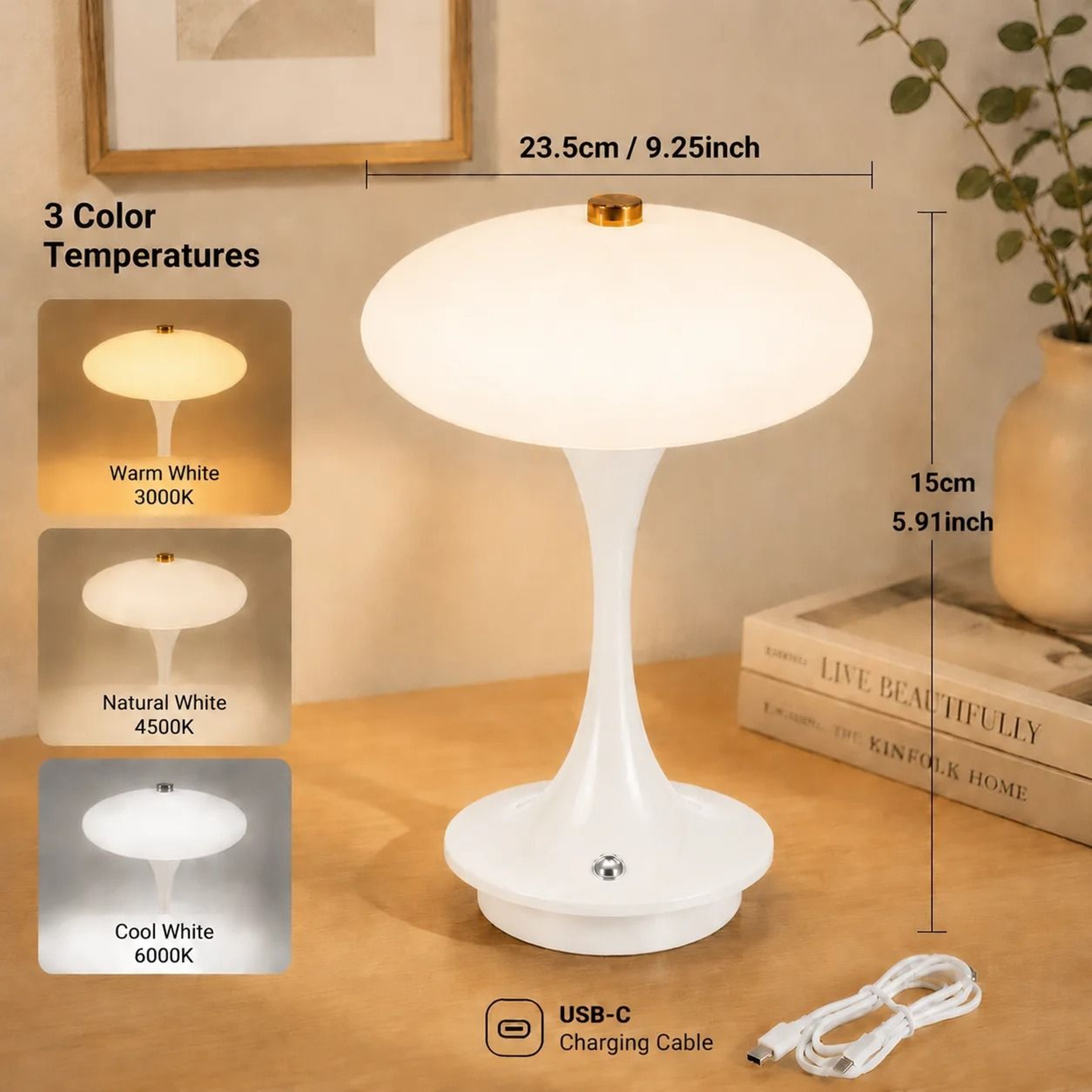 Mushroom Table Lamp Rechargeable LED Bedside Lamp Touch Sensor 3 Color Lights Contemporary Interior 5