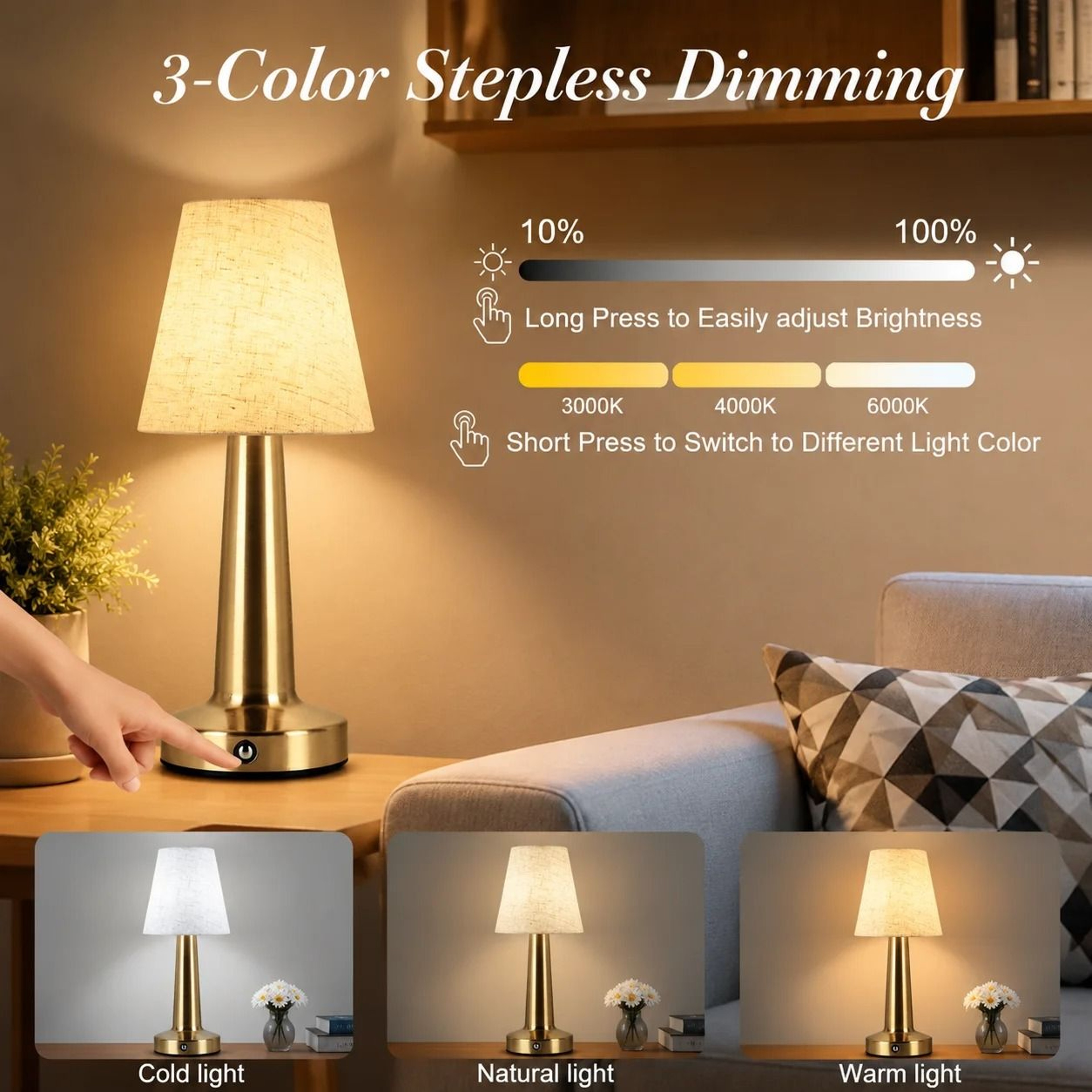 Rechargeable Table Lamp With Fabric Shade Touch Control LED Desk Lamp 3 Color Lighting 1800mAh Bedr 1