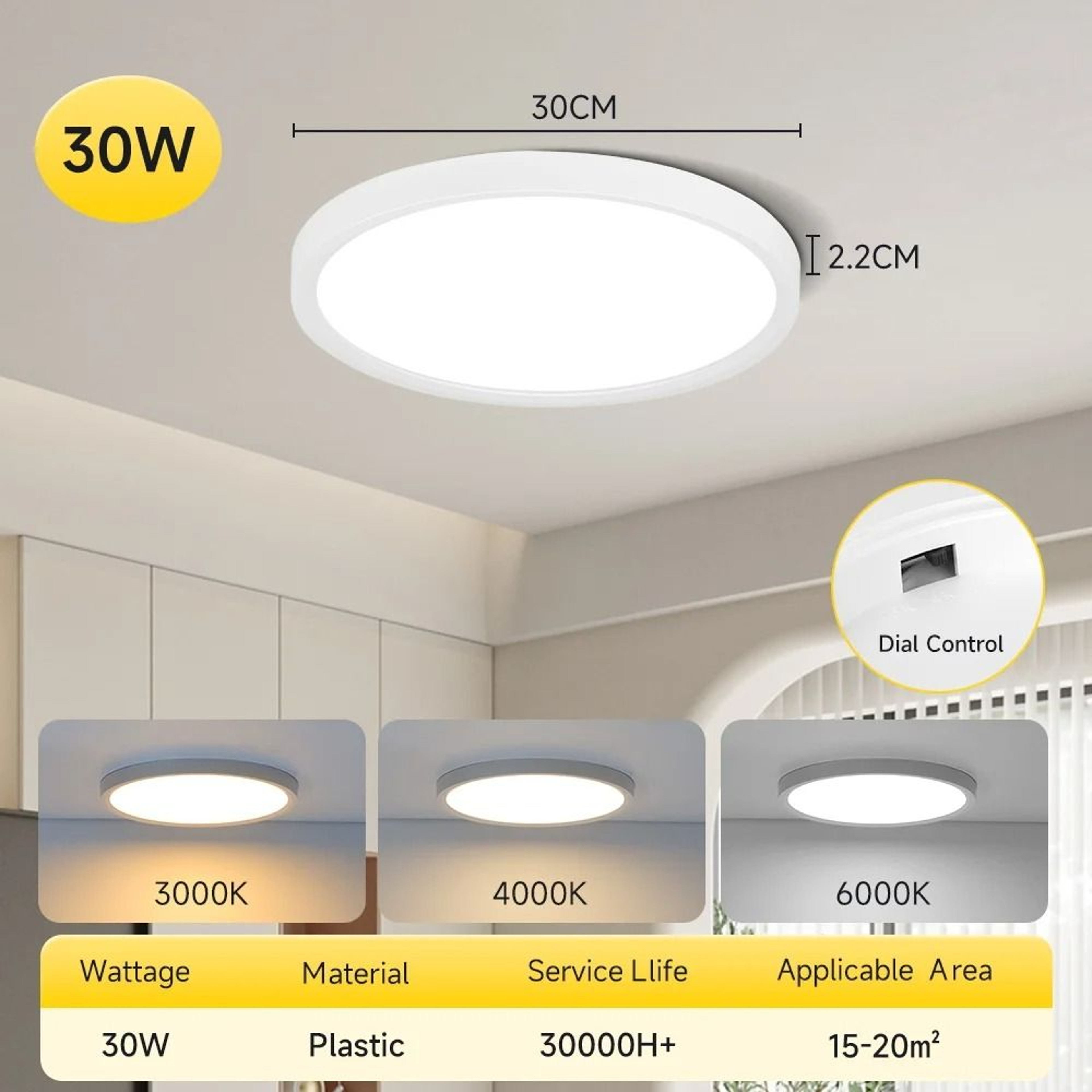 Ultra Thin LED Ceiling Light 3 Colors Ceiling Lamp Dial Control 220V Living Room Bedroom Panel 10