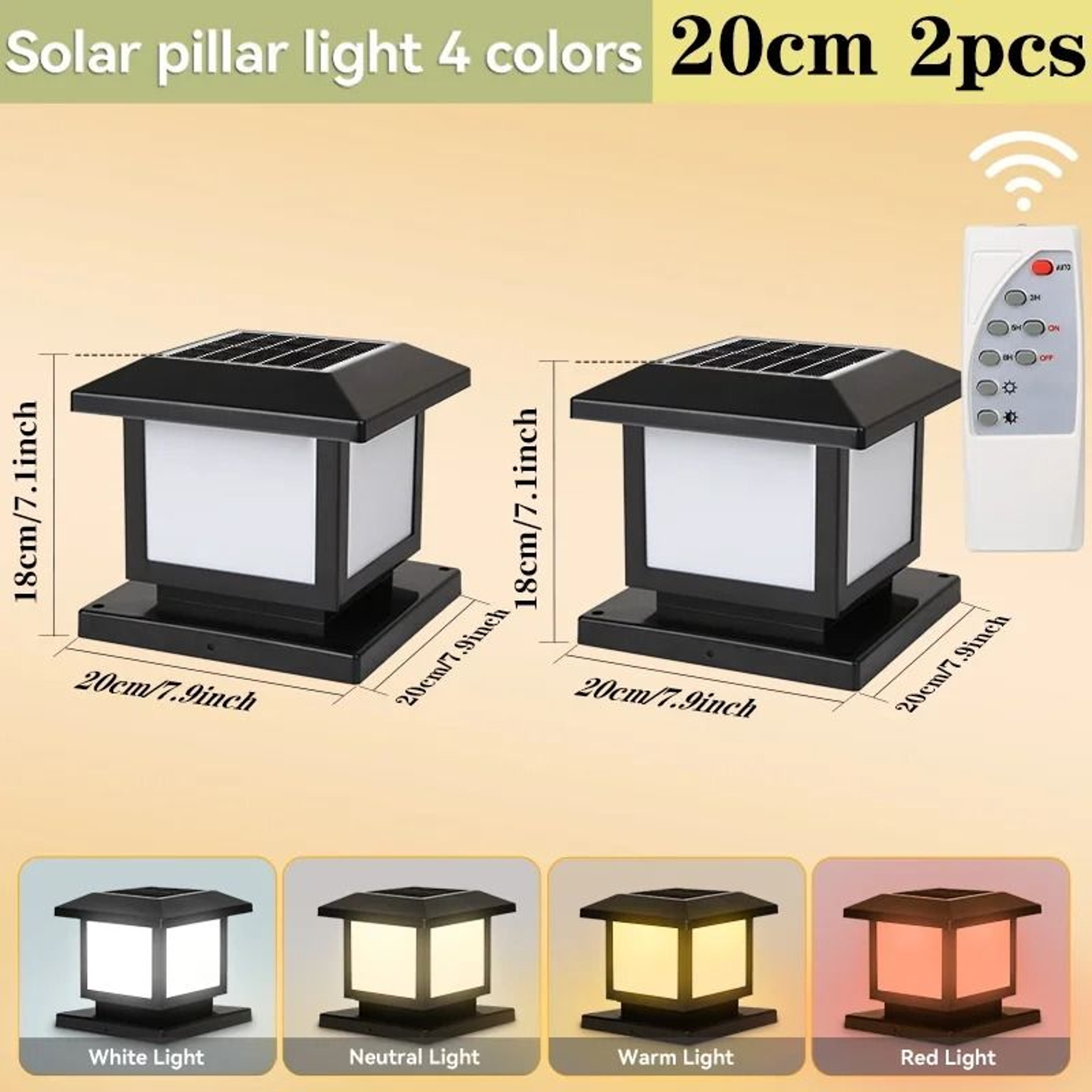 Outdoor LED Solar Pillar Light IP65 Waterproof Remote Control Solar Lamp Garden Fence Pathway 7