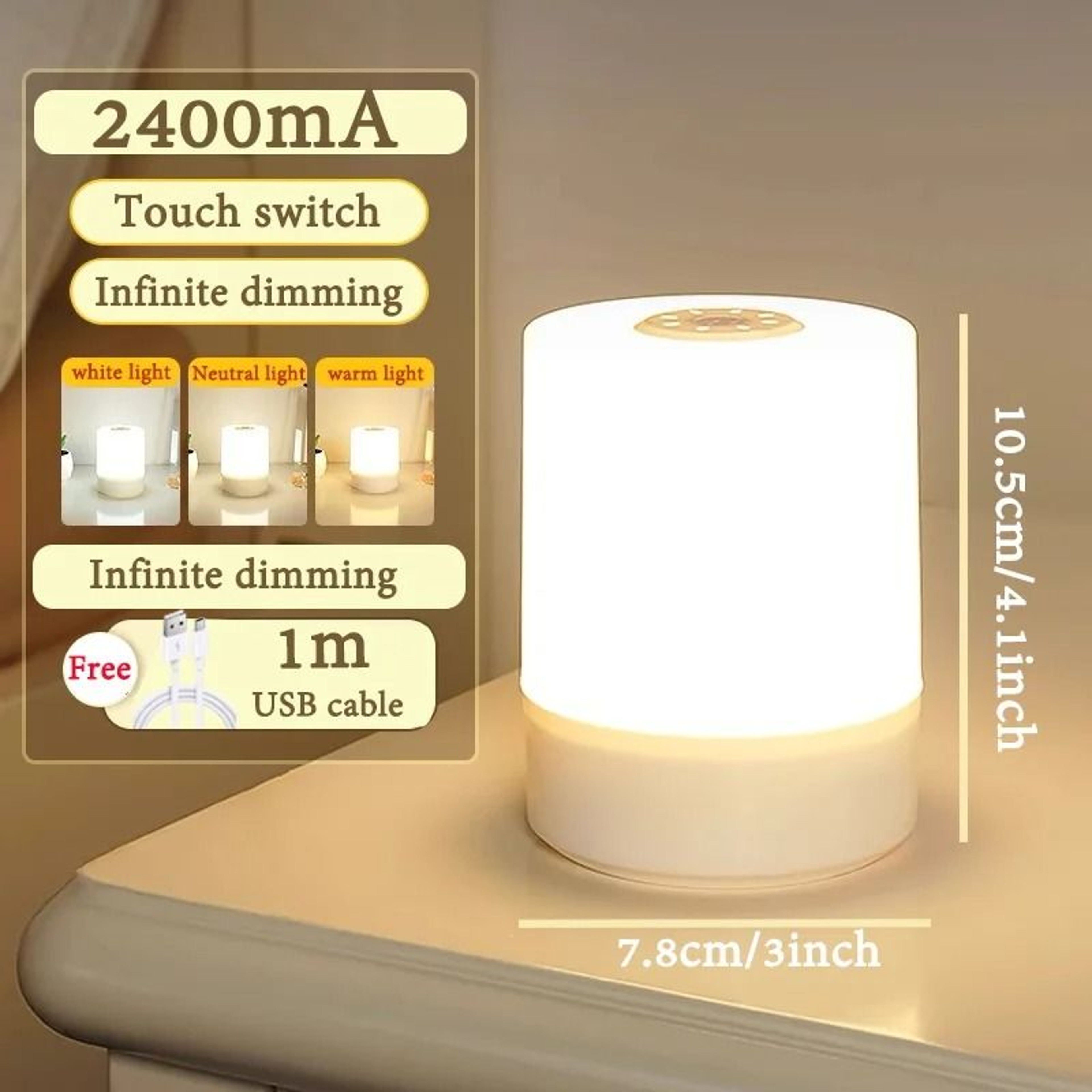LED Night Light 3 Color Stepless Dimmable Bedside Lamp USB Rechargeable Portable Table Light 7