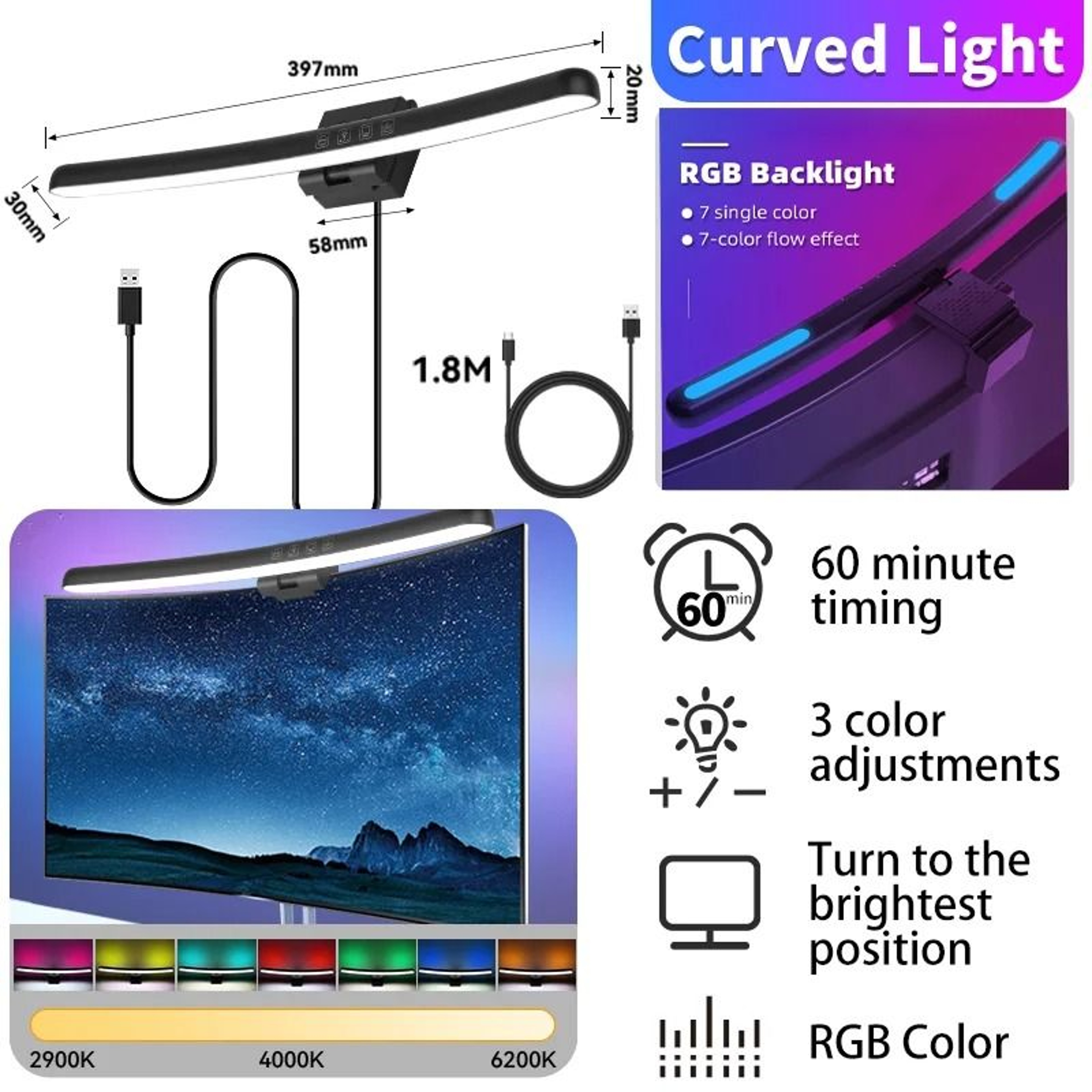 Curved LED Monitor Light Bar USB RGB PC Screen Lamp Stepless Dimming Gaming Laptop Office 7