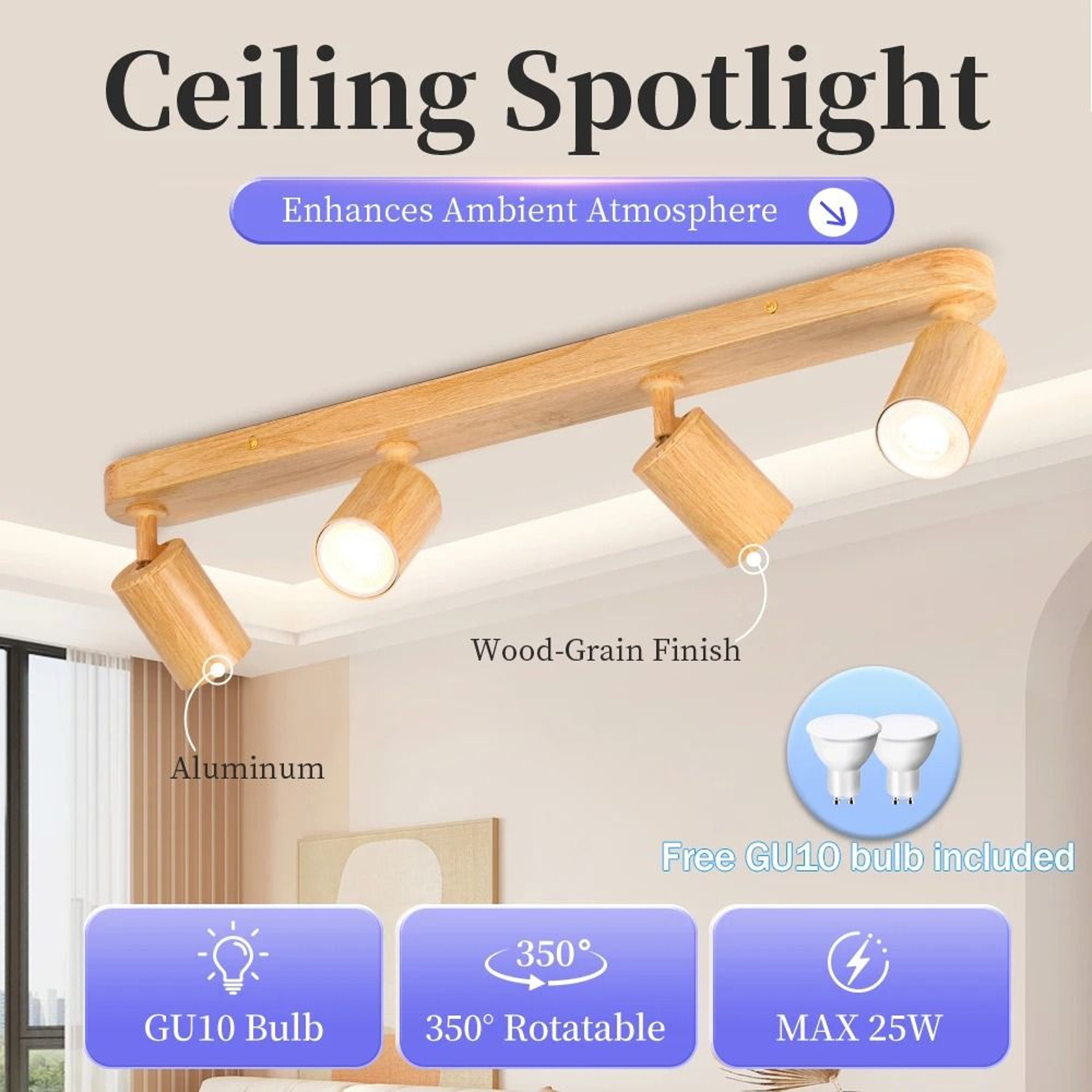 Wooden Accent LED Spotlight Ceiling Lamp 110220V Replaceable Bulb Track Light 0