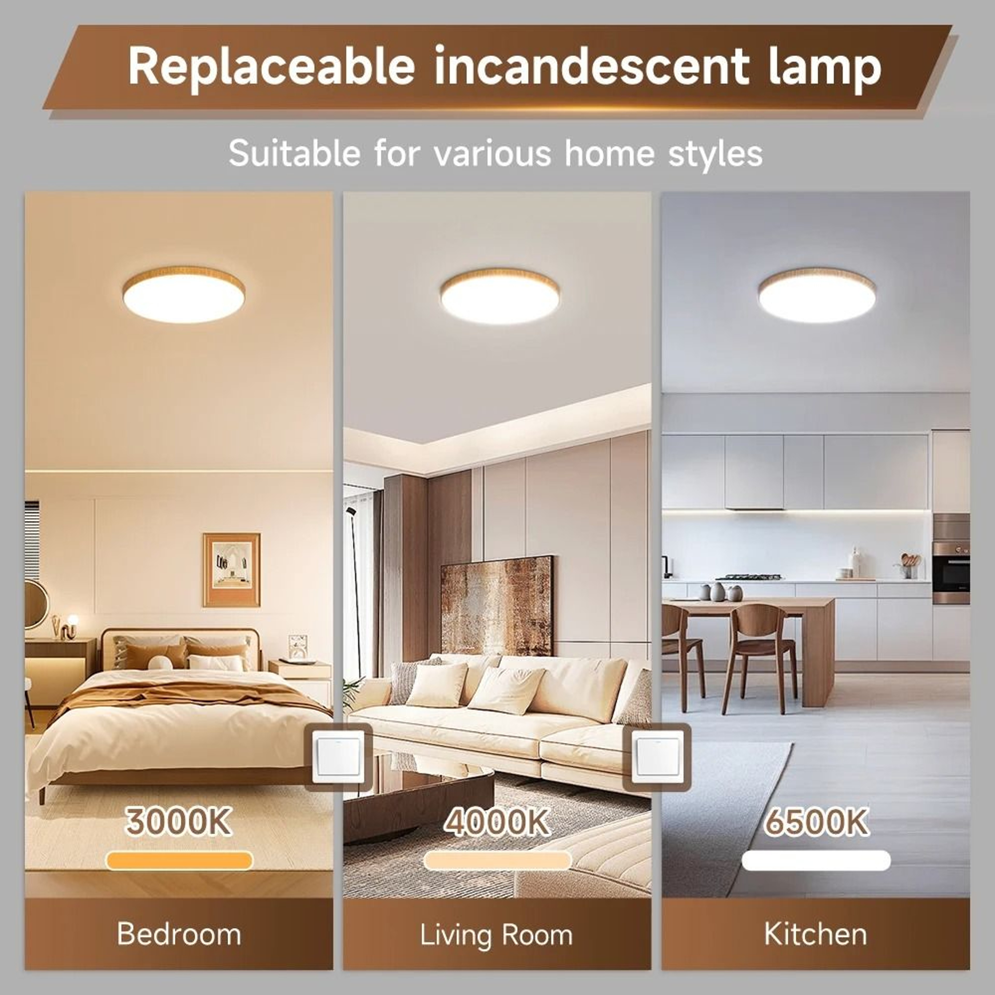 Modern Ultra Thin Wood Grain LED Ceiling Lamp 220V Living Room Bedroom Kitchen 4