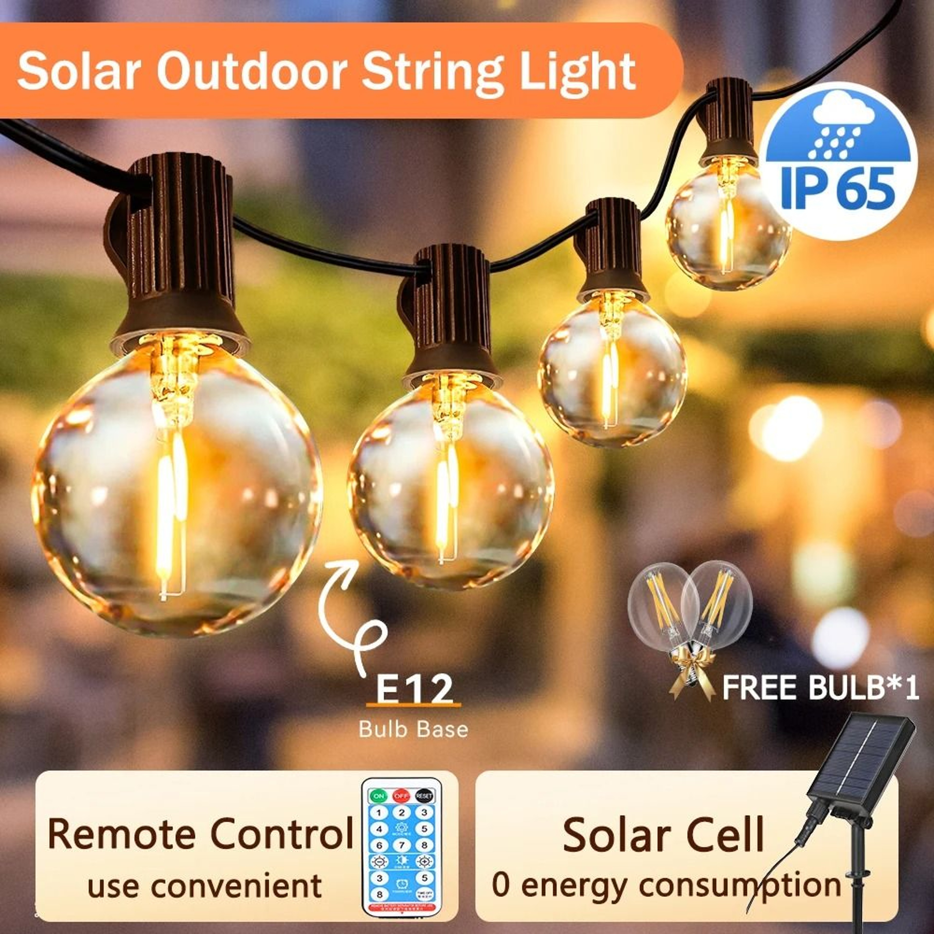 Outdoor Solar String Light IP65 Waterproof E12 Bulb Garden Fairy Lamp Remote Control 0