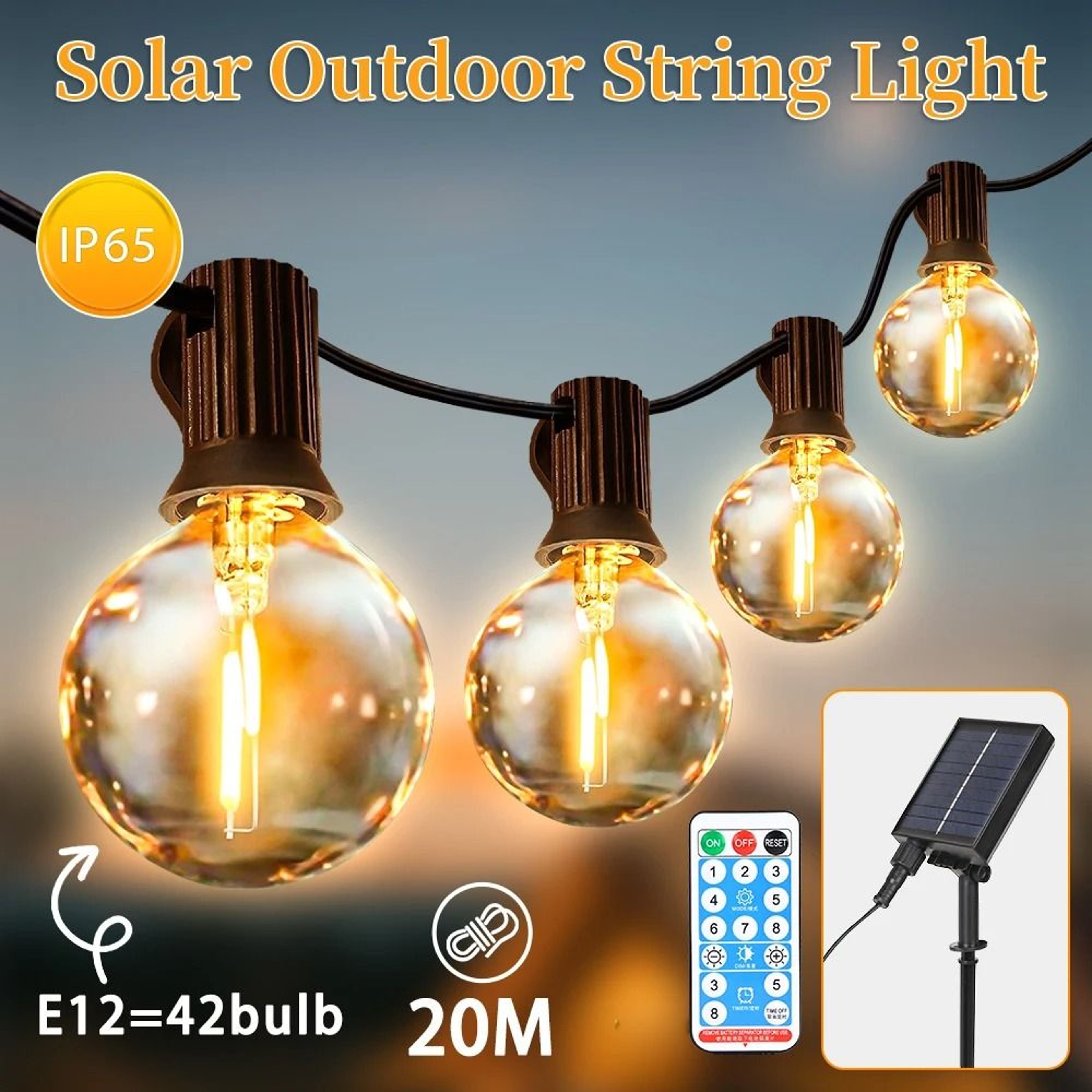 Outdoor Solar String Light IP65 Waterproof E12 Bulb Garden Fairy Lamp Remote Control 9