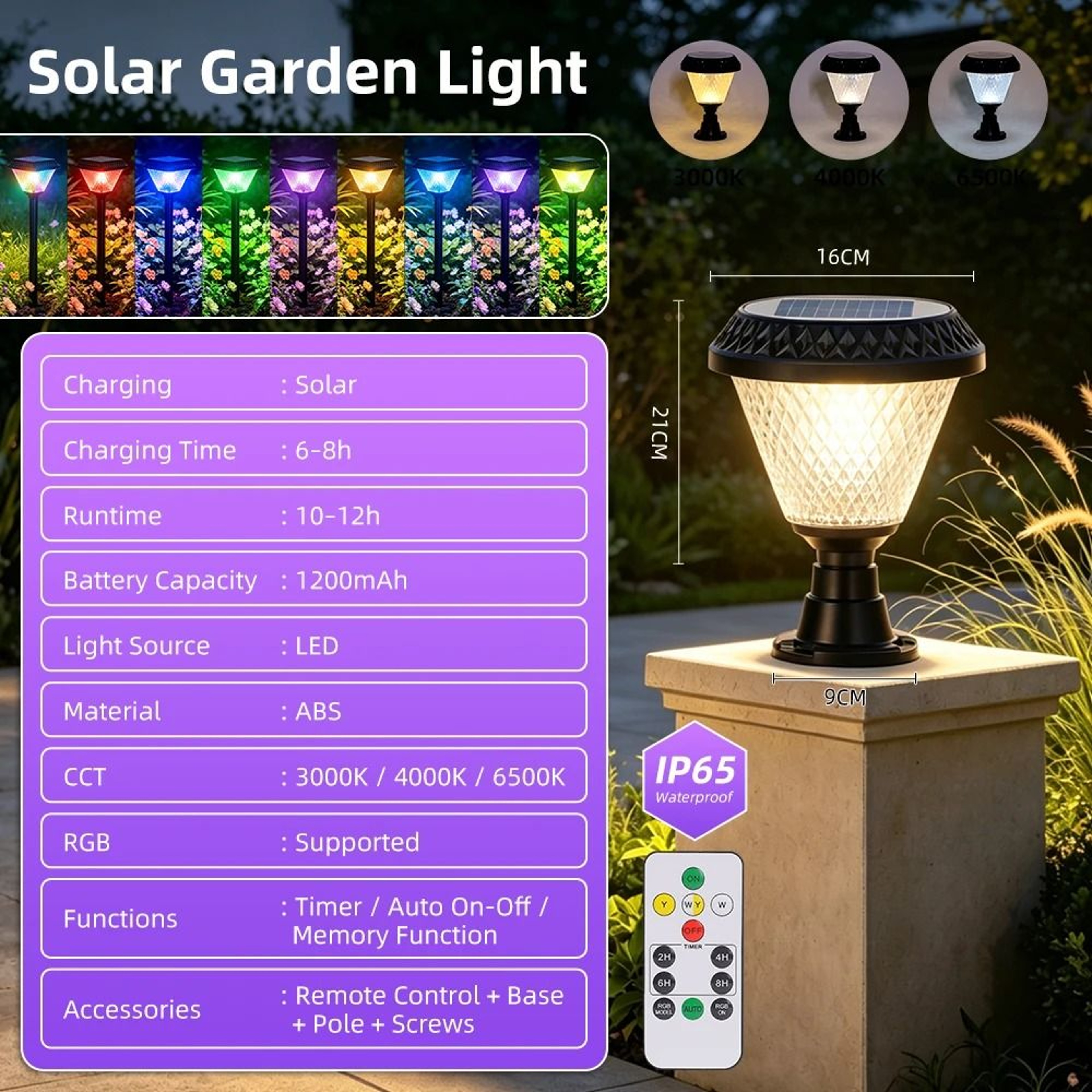 Outdoor Solar LED Column Post Light Dimmable Timed Pillar Lamp Garden Villa Patio 6